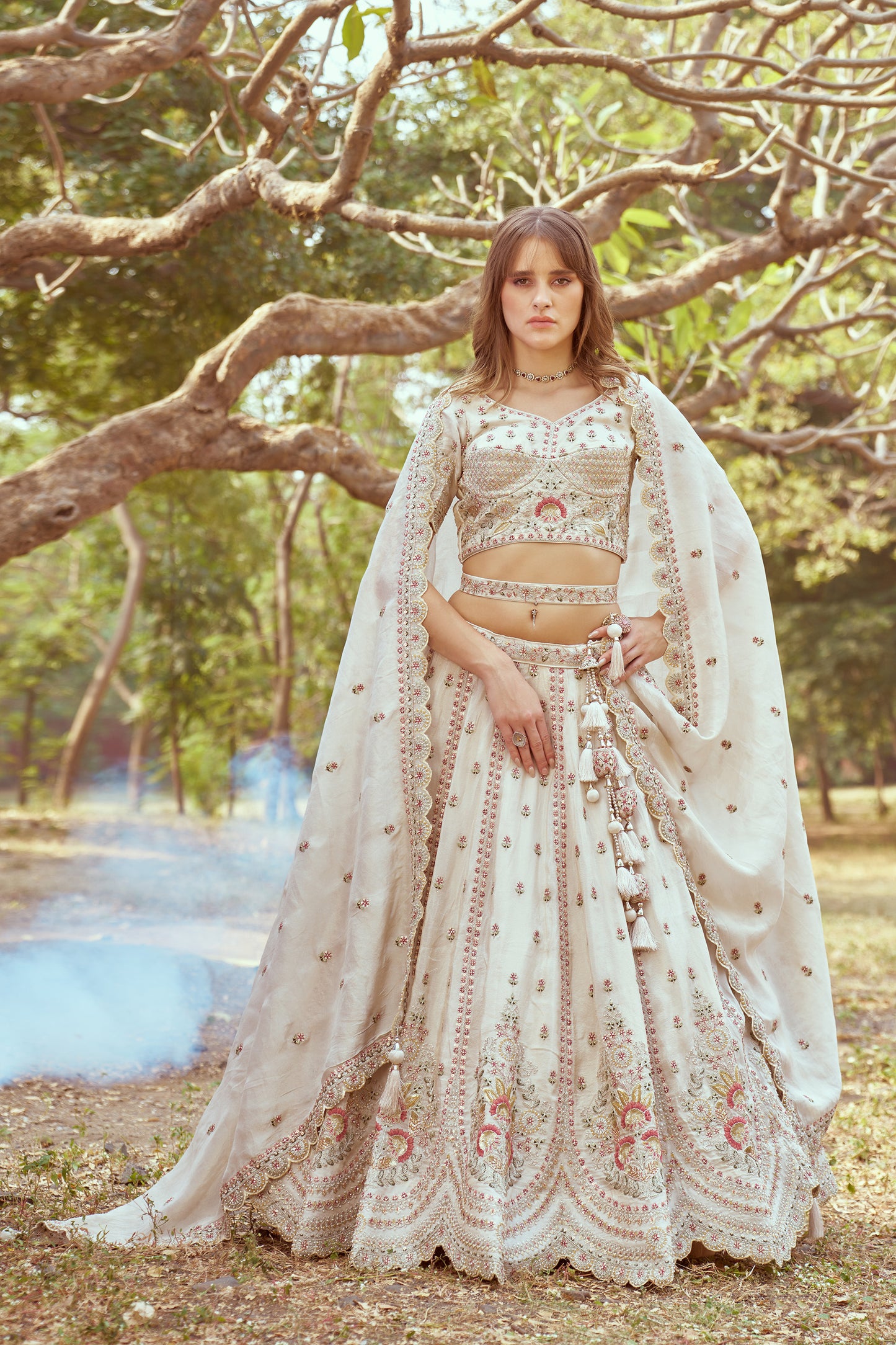 Cream Gold crushed Tissue Fabric Moti, Zari work Bridal Lehenga