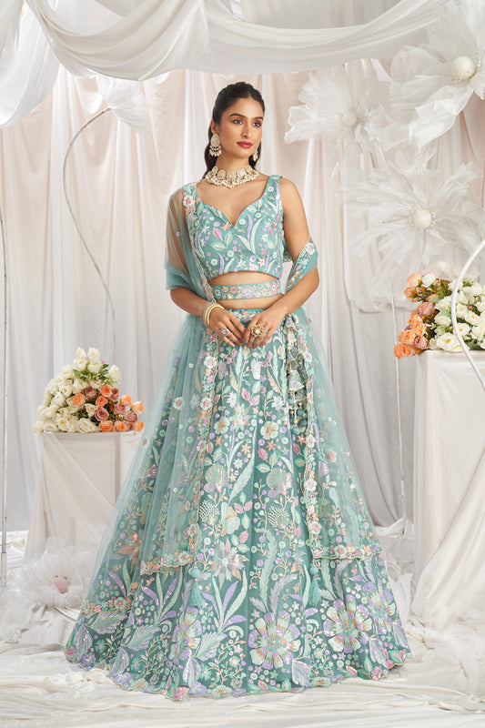 Lime Green Net Sequins embroidery Engagement Lehenga Choli