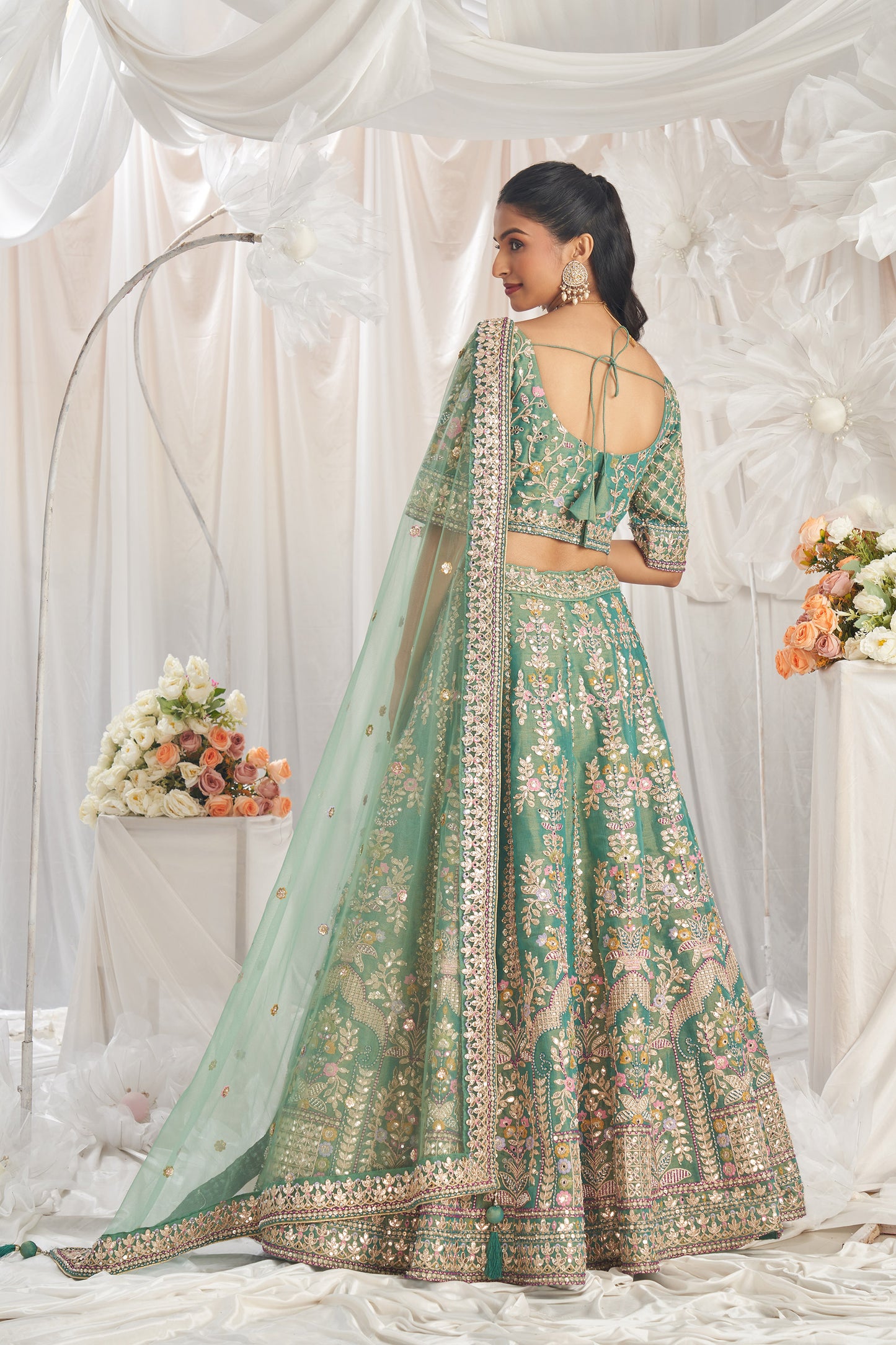 Sea Green Bridel net and Gotapatti & Moti embroidery Engagement Lehenga Choli