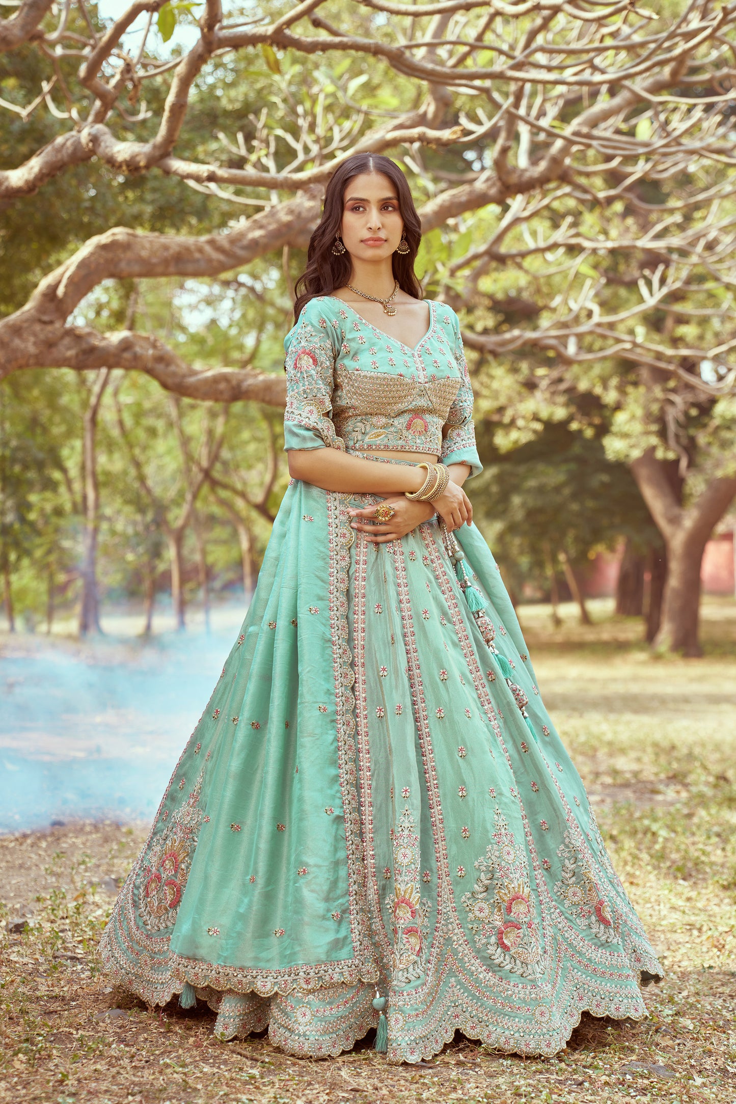 Seagreen Gold crushed Tissue Fabric Moti, Zari work Bridal Lehenga