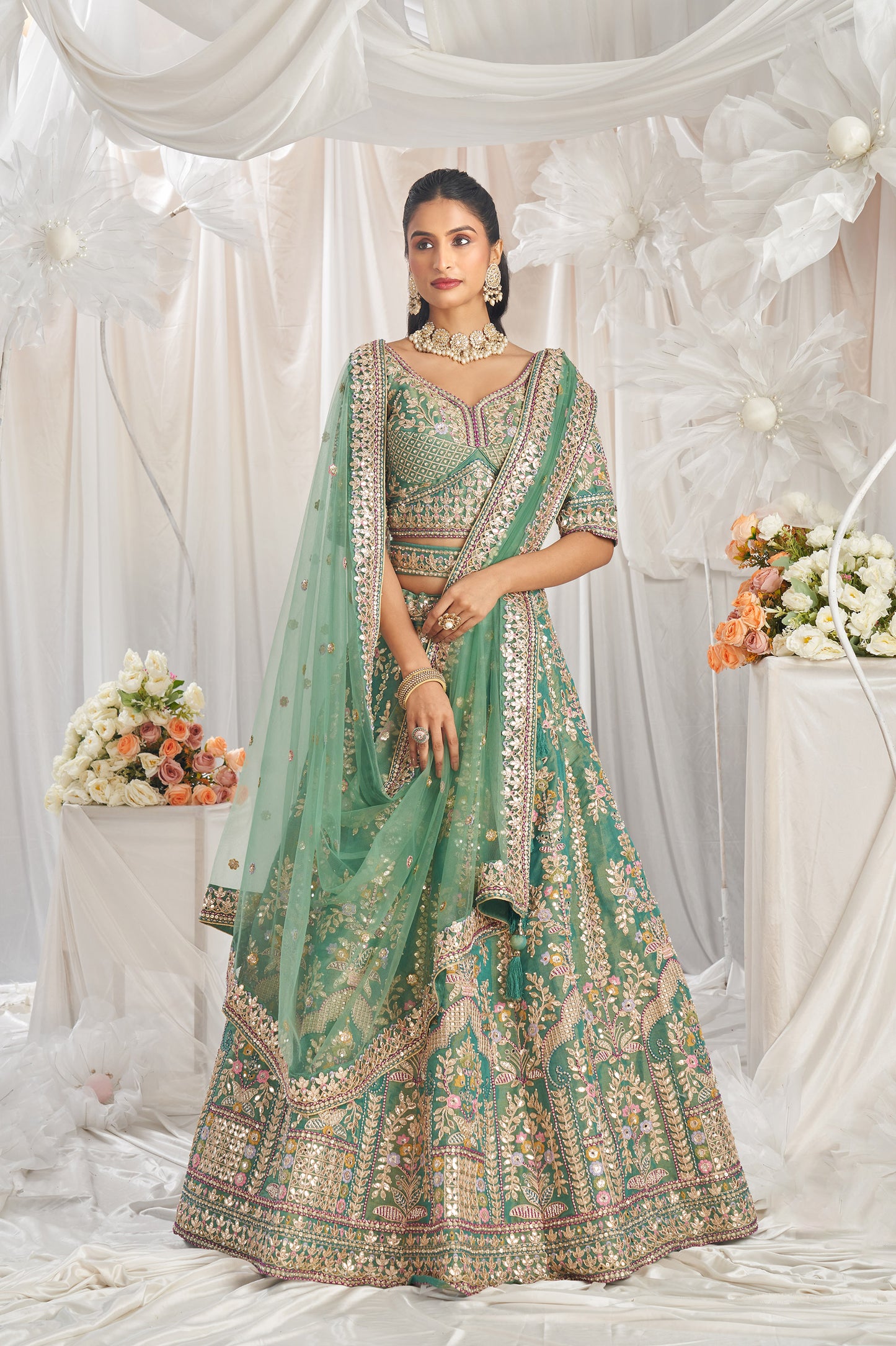 Sea Green Bridel net and Gotapatti & Moti embroidery Engagement Lehenga Choli