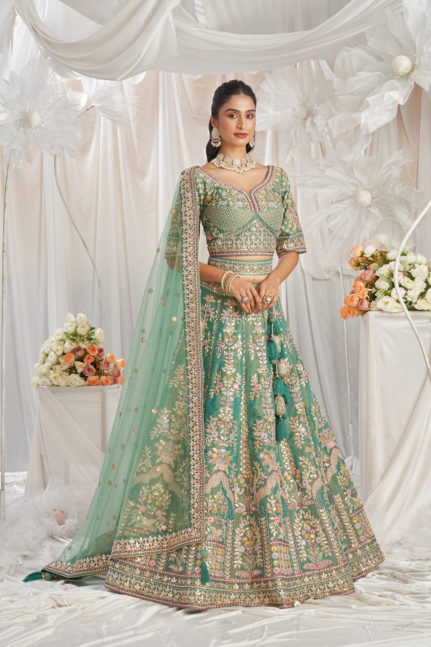 Sea Green Bridel net and Gotapatti & Moti embroidery Engagement Lehenga Choli