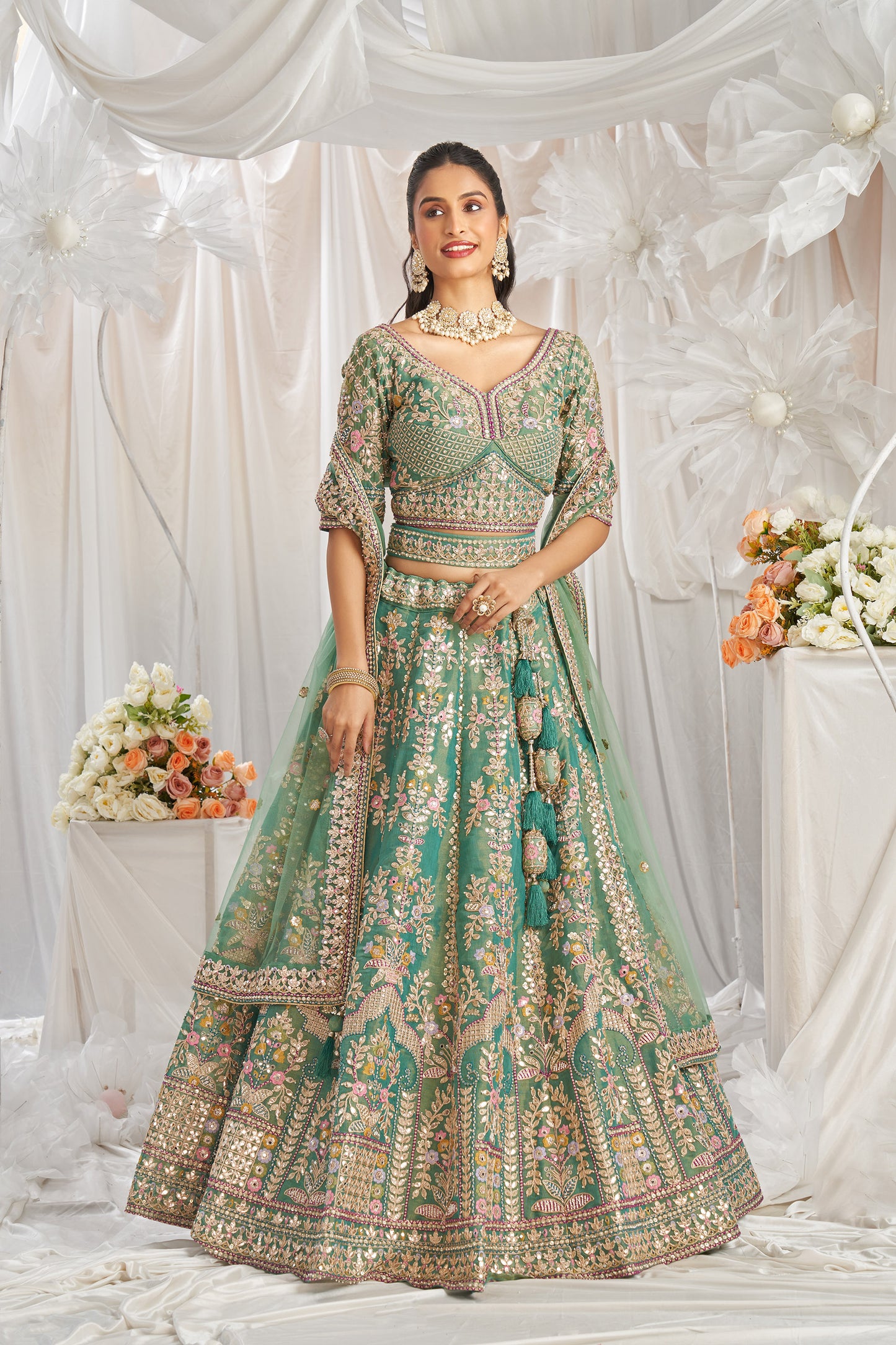 Sea Green Bridel net and Gotapatti & Moti embroidery Engagement Lehenga Choli