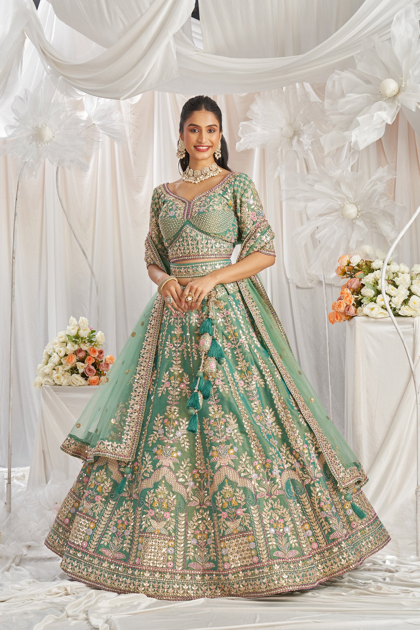 Sea Green Bridel net and Gotapatti & Moti embroidery Engagement Lehenga Choli