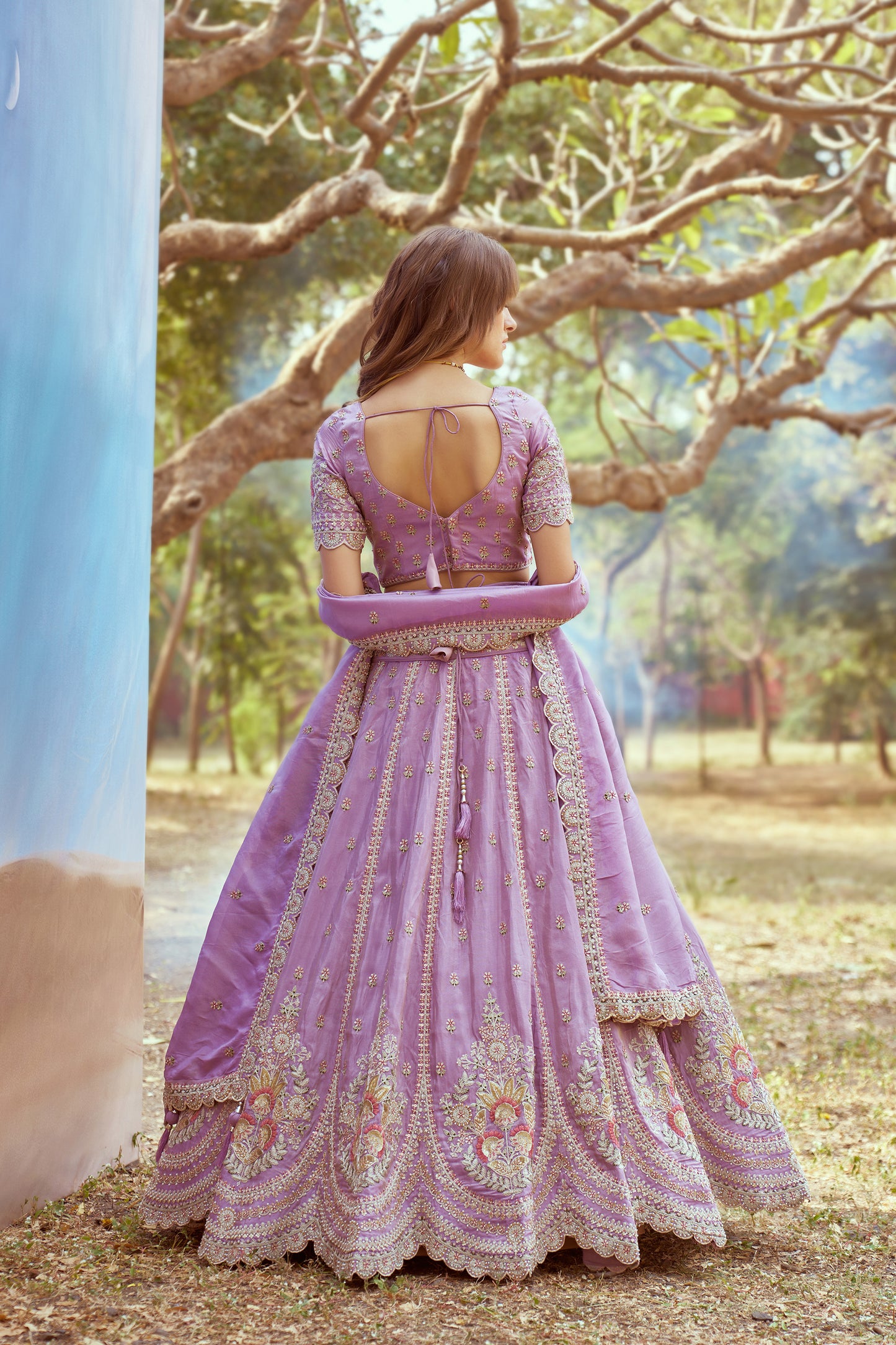 Lavender Gold crushed Tissue Fabric Moti, Zari work Bridal Lehenga