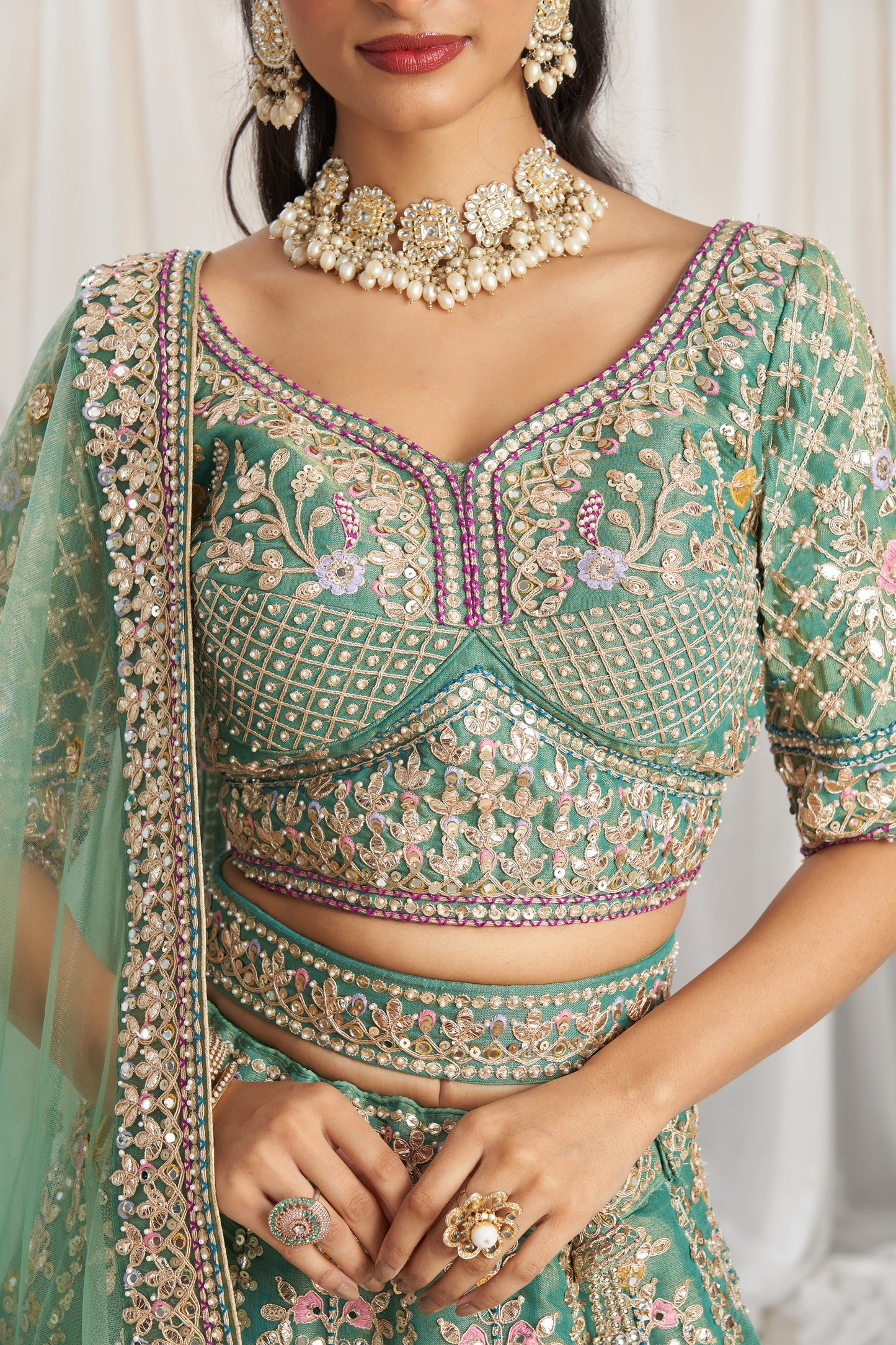 Sea Green Bridel net and Gotapatti & Moti embroidery Engagement Lehenga Choli