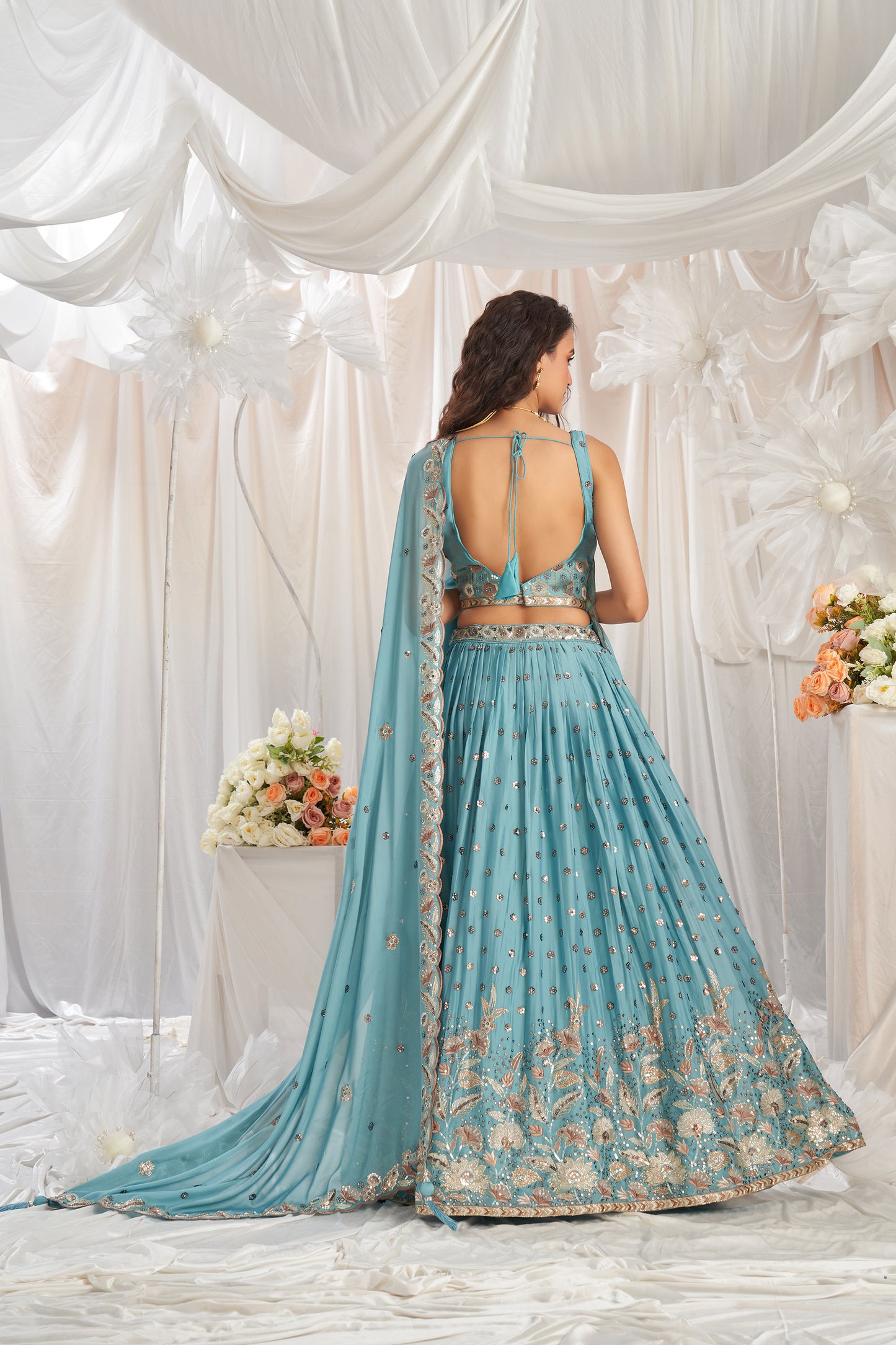 Turquoise blue Georgette Sequin embroidery Engagement Lehenga Choli