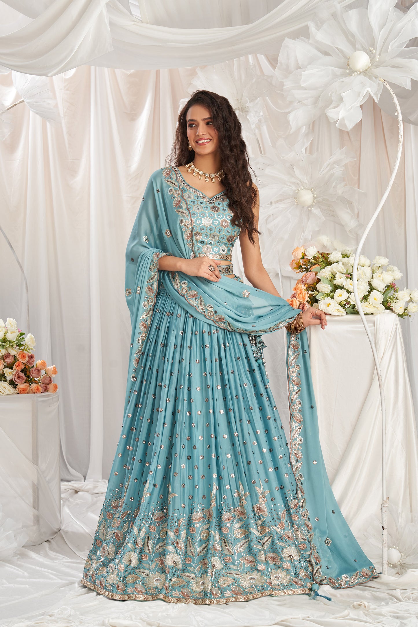 Turquoise blue Georgette Sequin embroidery Engagement Lehenga Choli