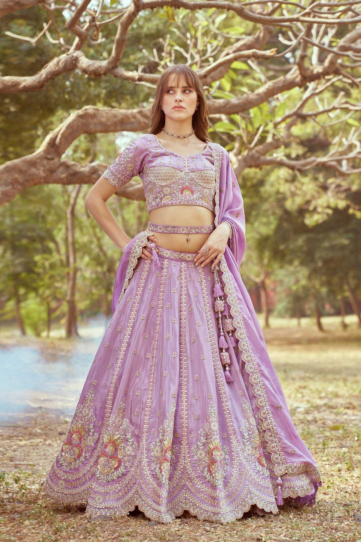 Lavender Gold crushed Tissue Fabric Moti, Zari work Bridal Lehenga