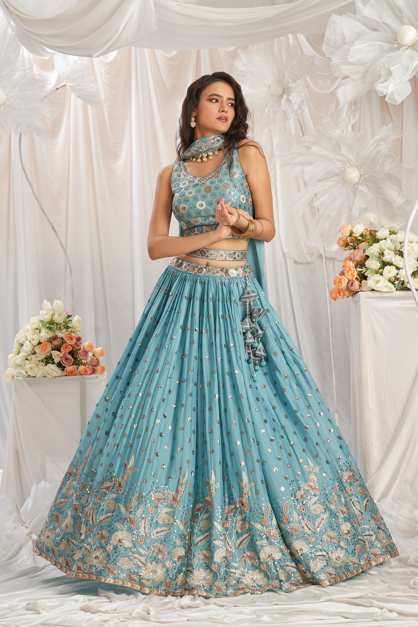 Turquoise blue Georgette Sequin embroidery Engagement Lehenga Choli