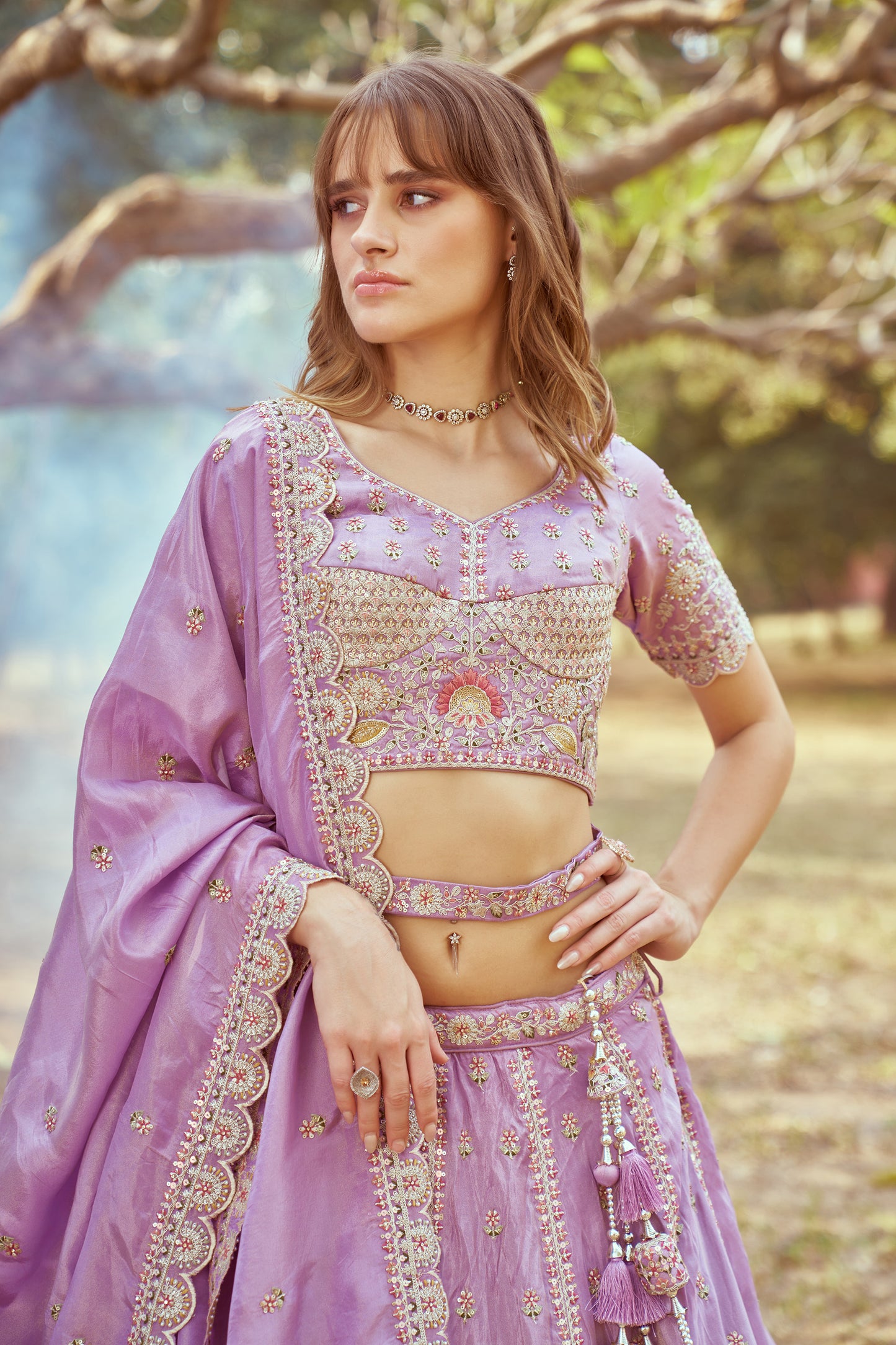 Lavender Gold crushed Tissue Fabric Moti, Zari work Bridal Lehenga