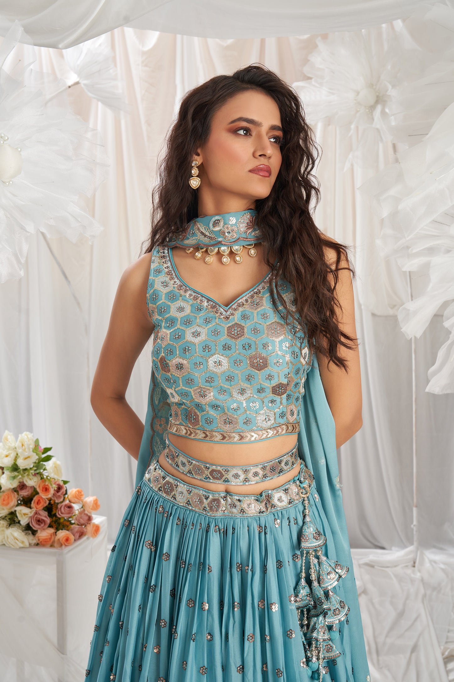 Turquoise blue Georgette Sequin embroidery Engagement Lehenga Choli