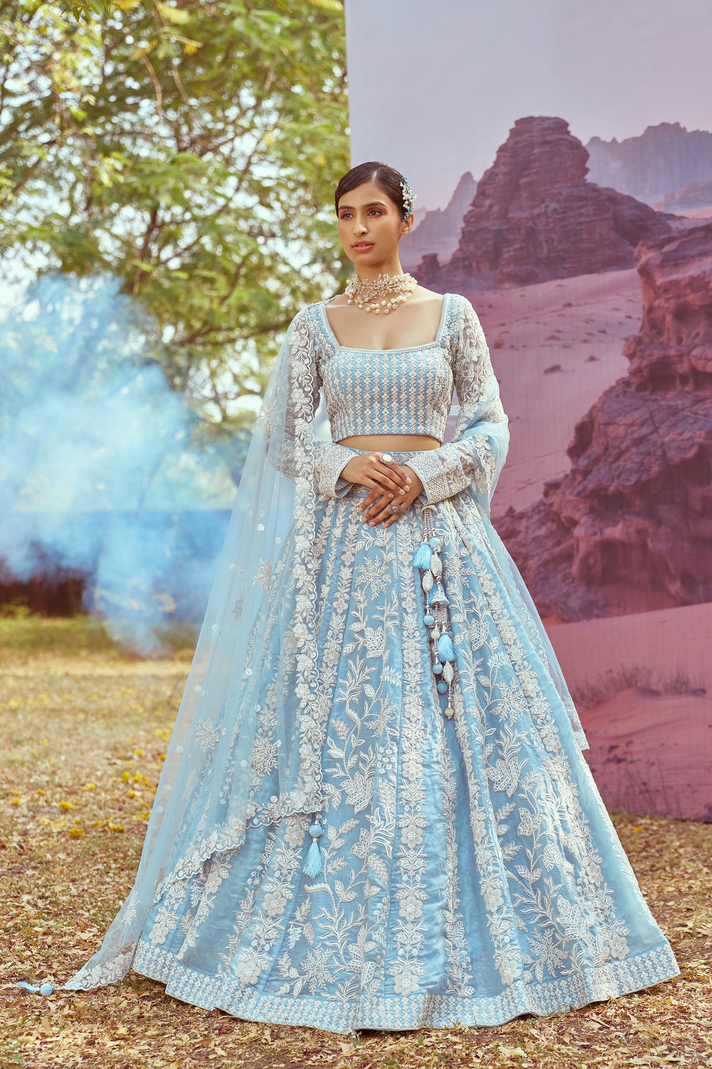 Sky Blue Organza Sequins embroidery Bridal Lehenga