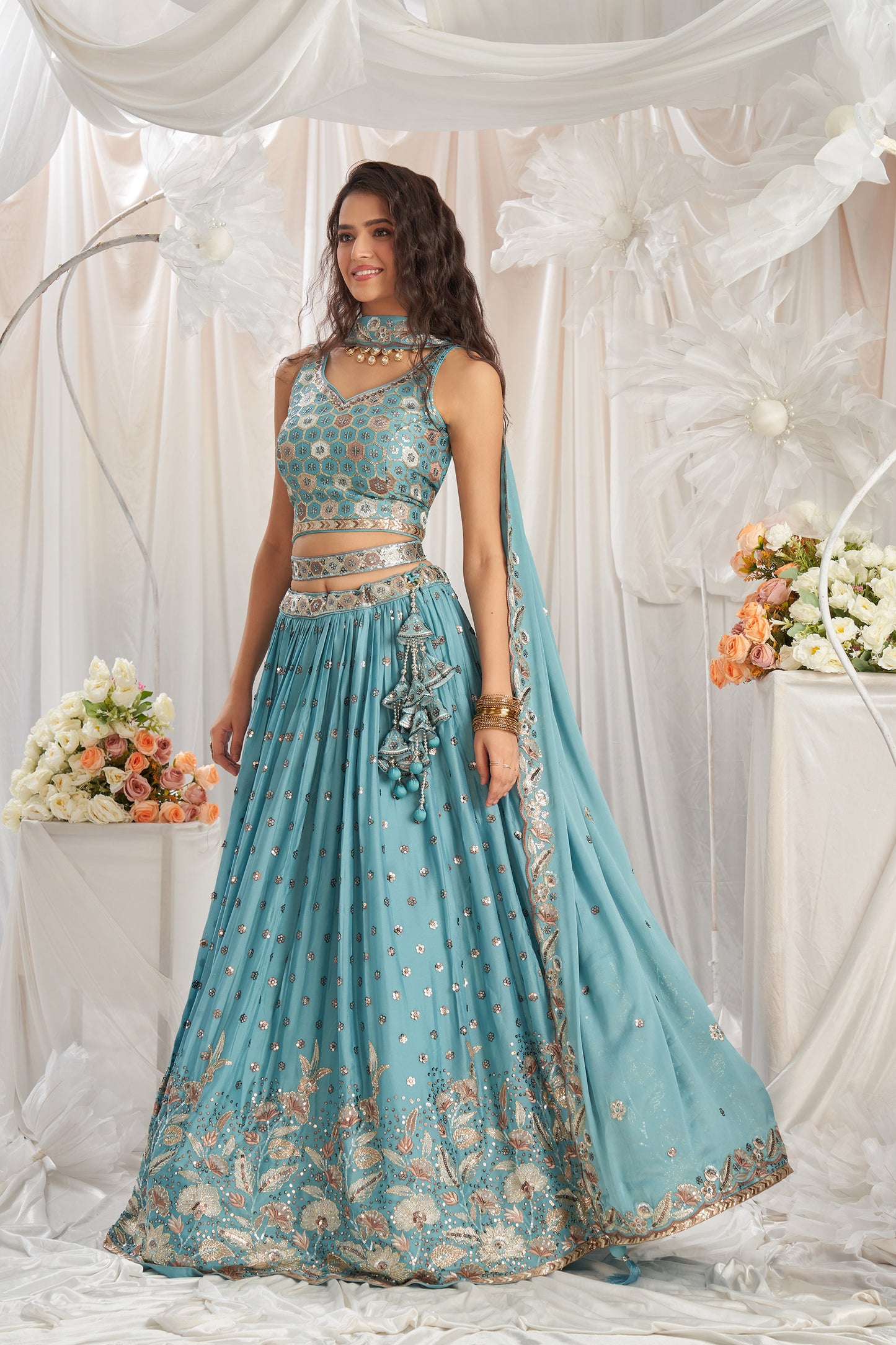 Turquoise blue Georgette Sequin embroidery Engagement Lehenga Choli