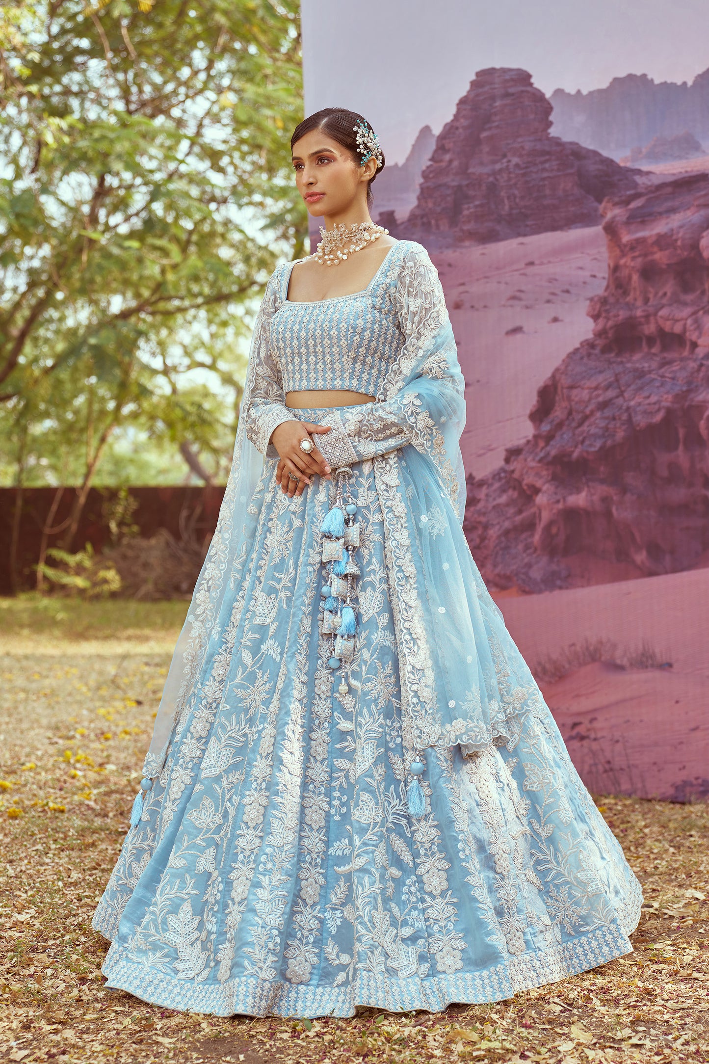 Sky Blue Organza Sequins embroidery Bridal Lehenga