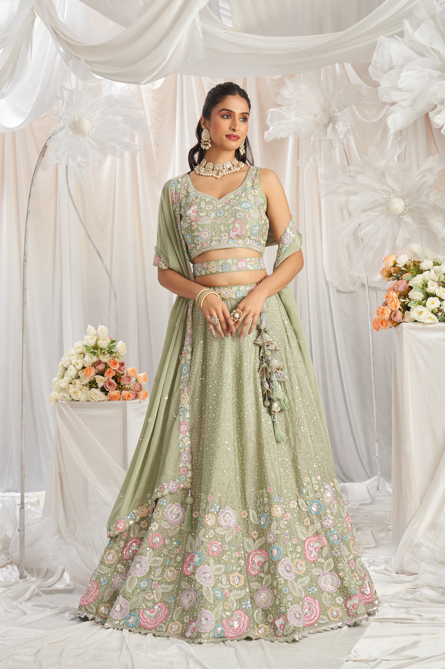 Lime green Pure Chiffon Sequins and thread embroidery Designer Lehenga choli & Dupatta