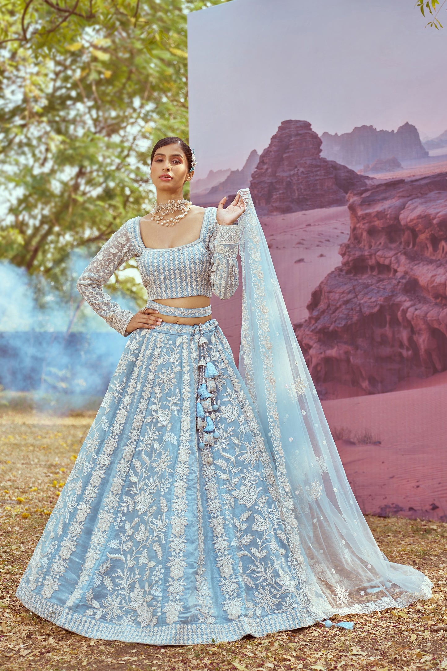 Sky Blue Organza Sequins embroidery Bridal Lehenga