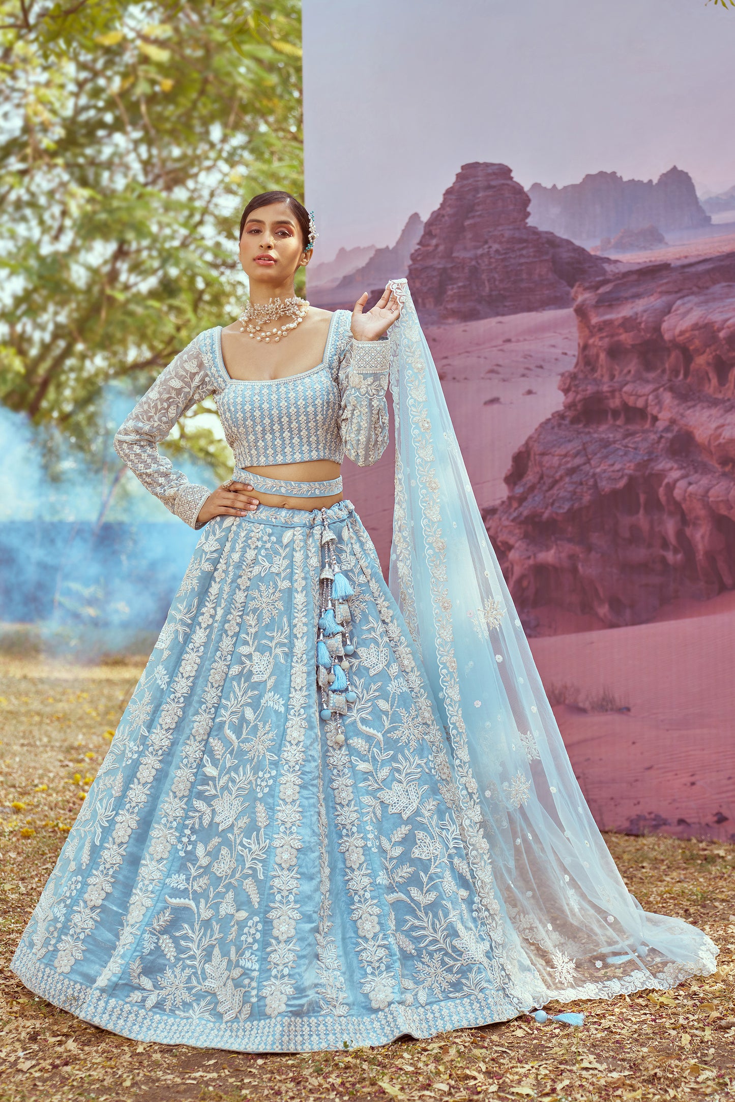 Sky Blue Organza Sequins embroidery Bridal Lehenga