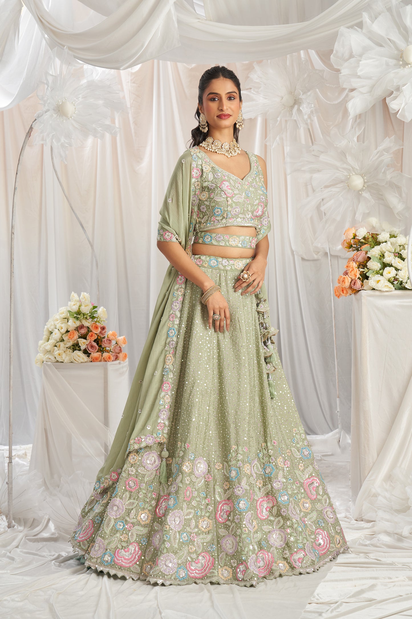 Lime green Pure Chiffon Sequins and thread embroidery Designer Lehenga choli & Dupatta