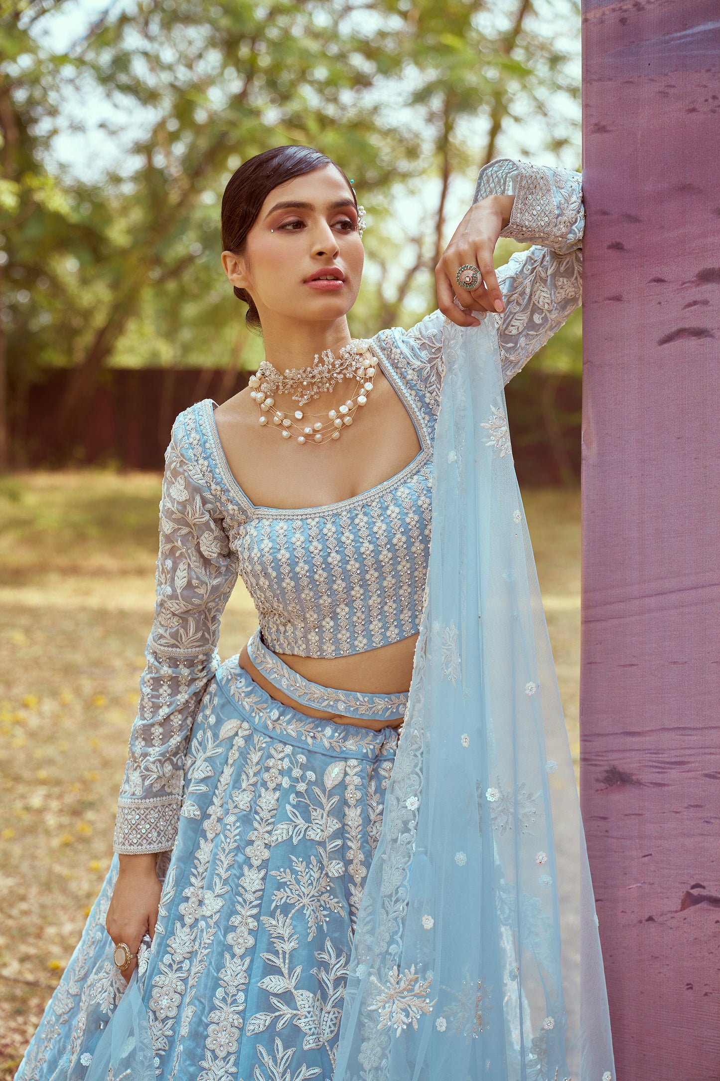 Sky Blue Organza Sequins embroidery Bridal Lehenga