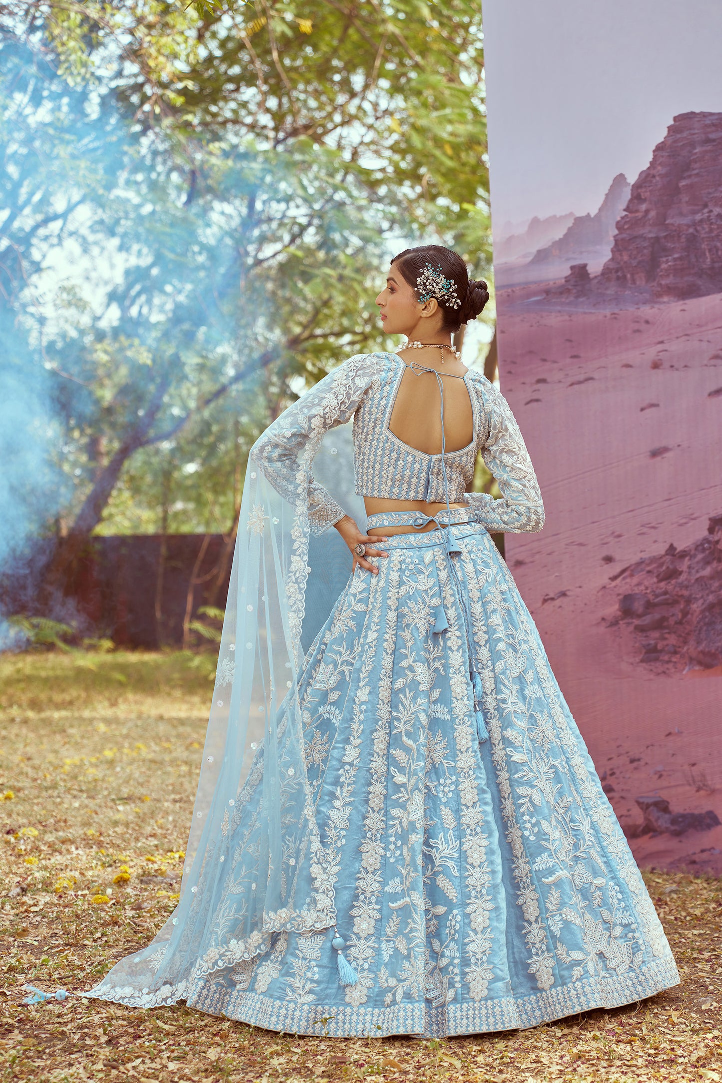 Sky Blue Organza Sequins embroidery Bridal Lehenga