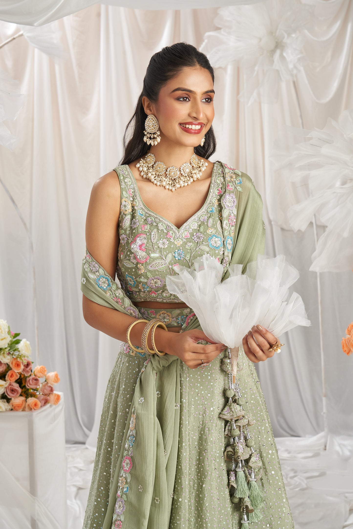 Lime green Pure Chiffon Sequins and thread embroidery Designer Lehenga choli & Dupatta