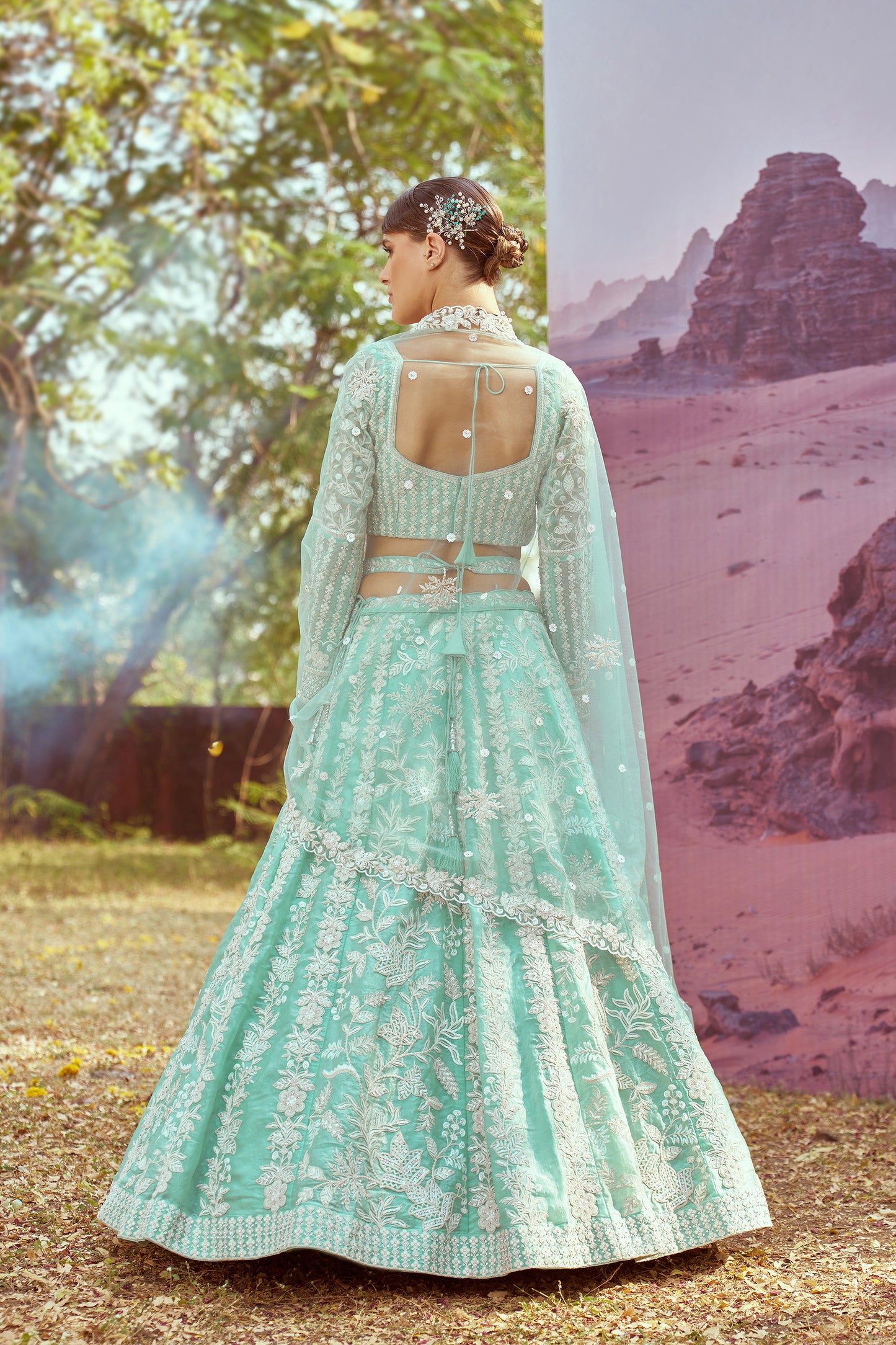 Sea green Organza Sequins embroidery Bridal Lehenga