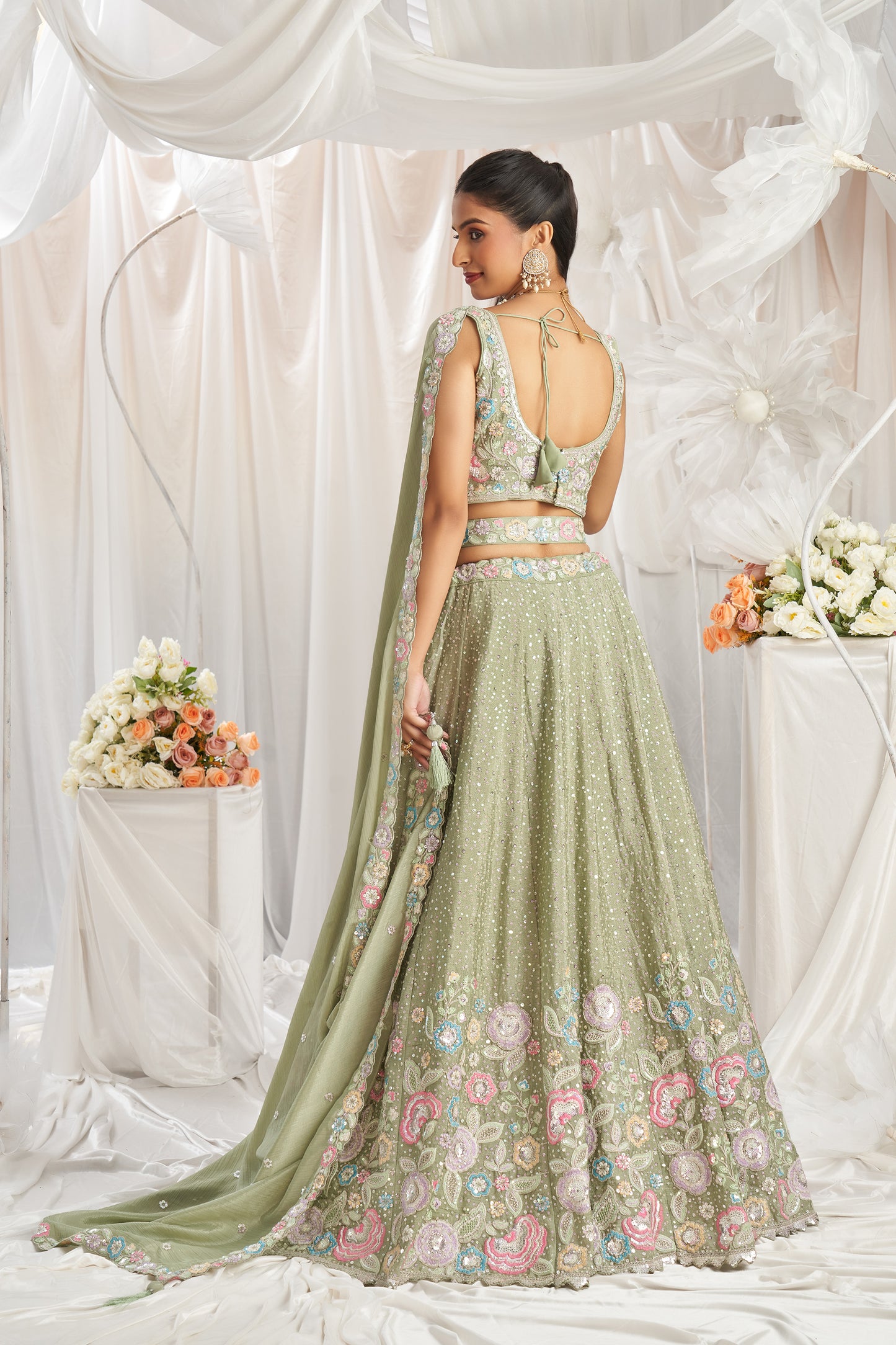 Lime green Pure Chiffon Sequins and thread embroidery Designer Lehenga choli & Dupatta