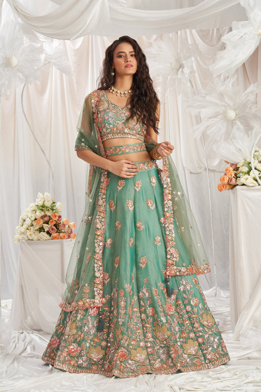 Lime green Organza Sequins embroidery Engagement Lehenga Choli