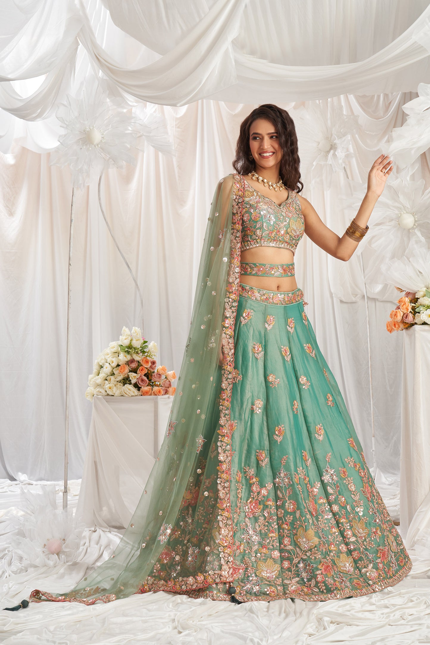 Lime green Organza Sequins embroidery Engagement Lehenga Choli