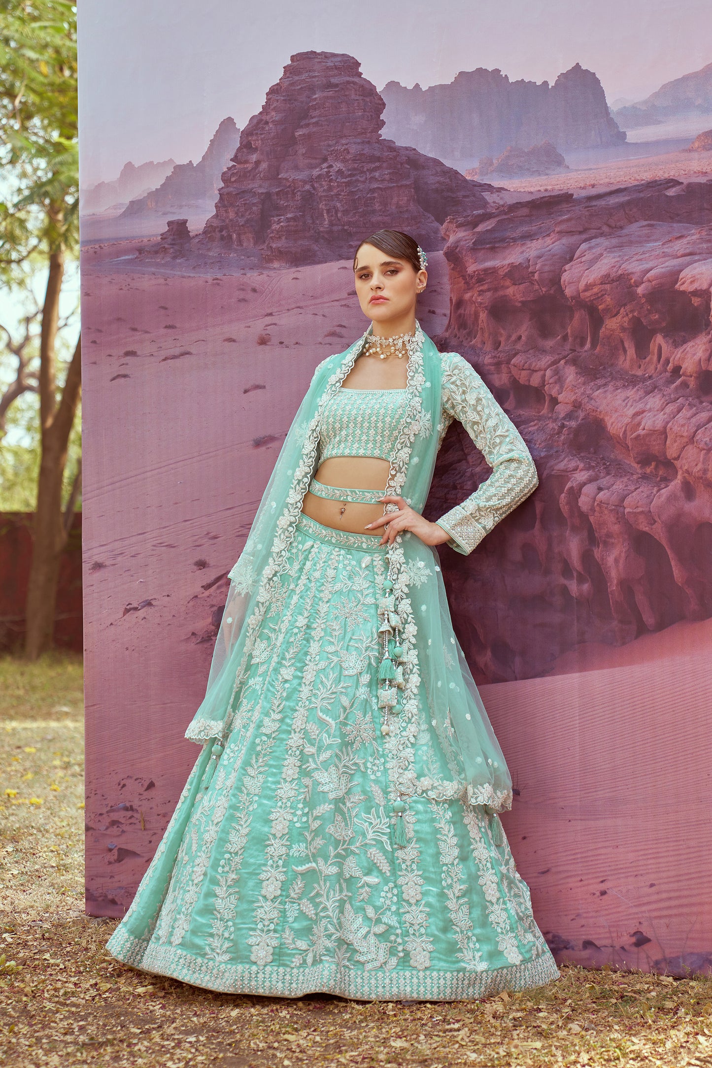 Sea green Organza Sequins embroidery Bridal Lehenga