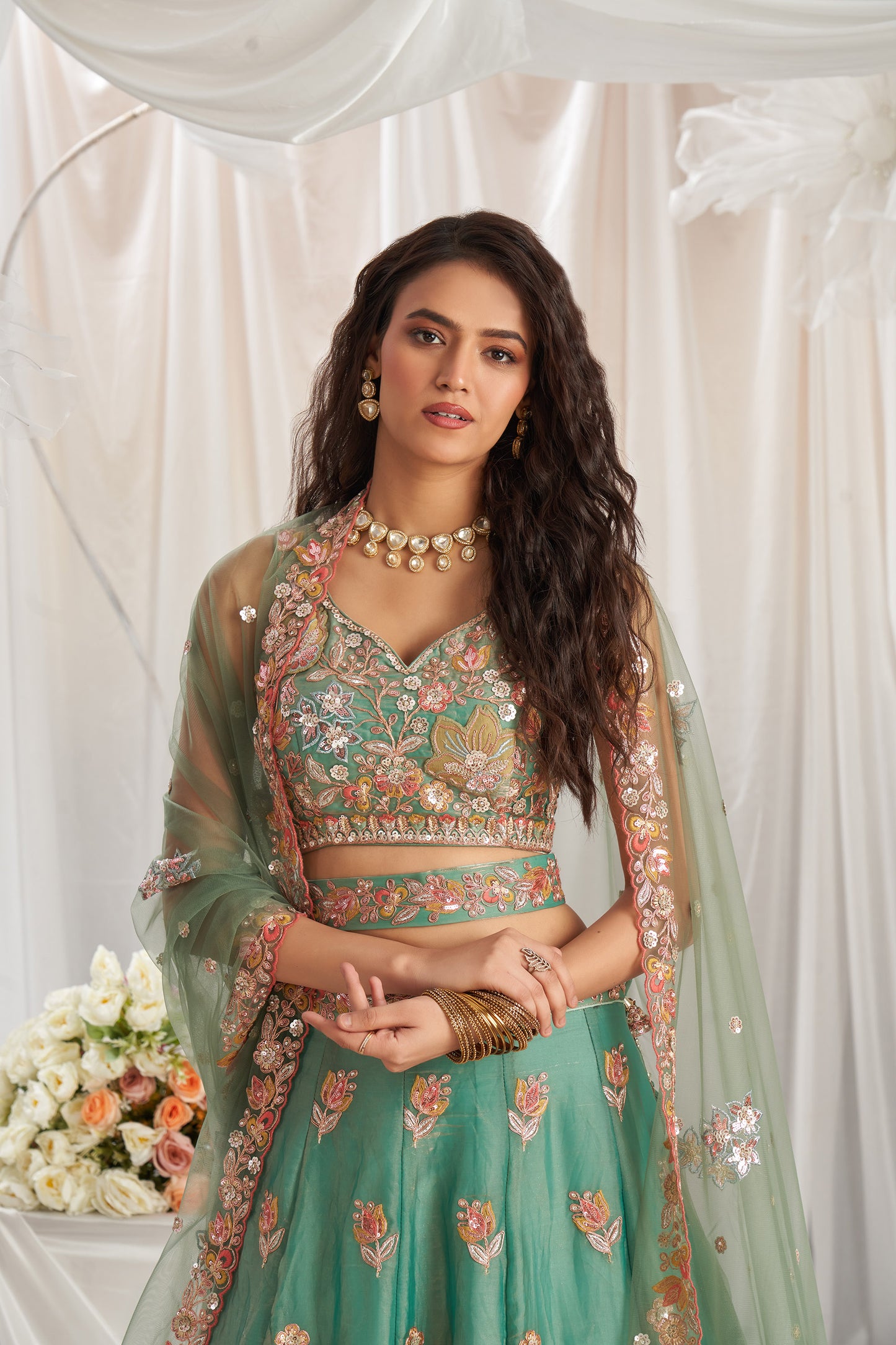 Lime green Organza Sequins embroidery Engagement Lehenga Choli