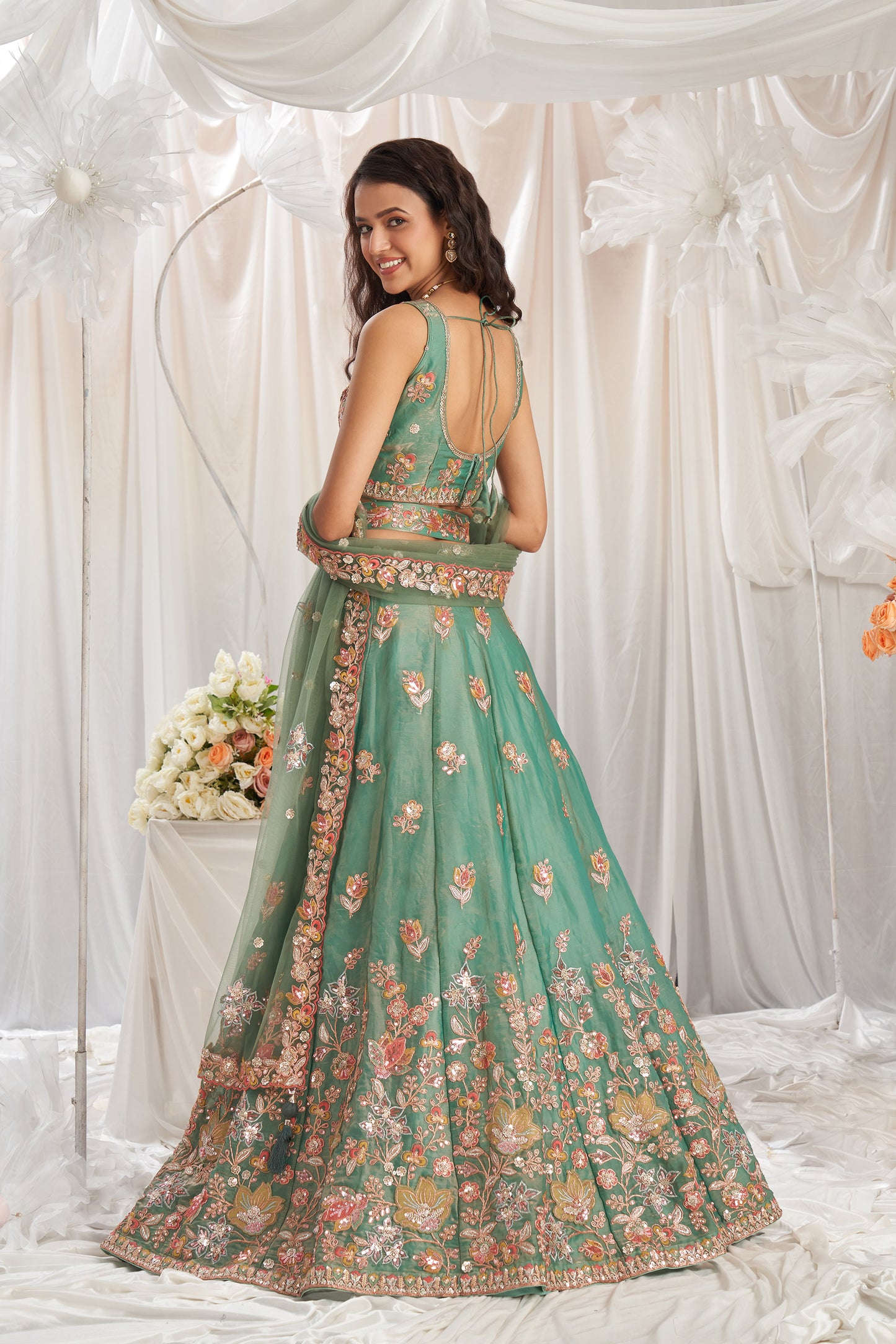 Lime green Organza Sequins embroidery Engagement Lehenga Choli