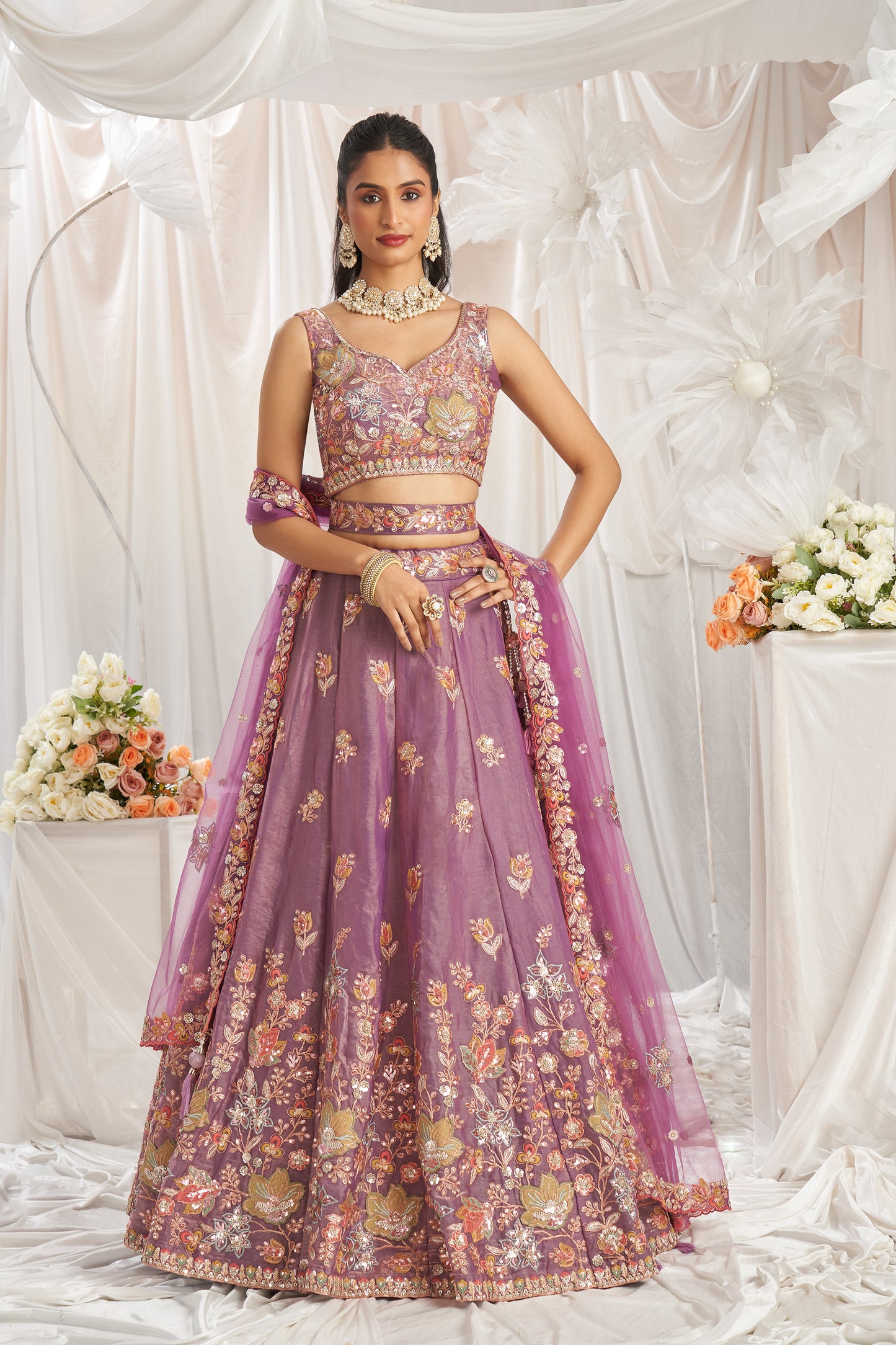 Lavender Organza Sequins embroidery Engagement Lehenga Choli