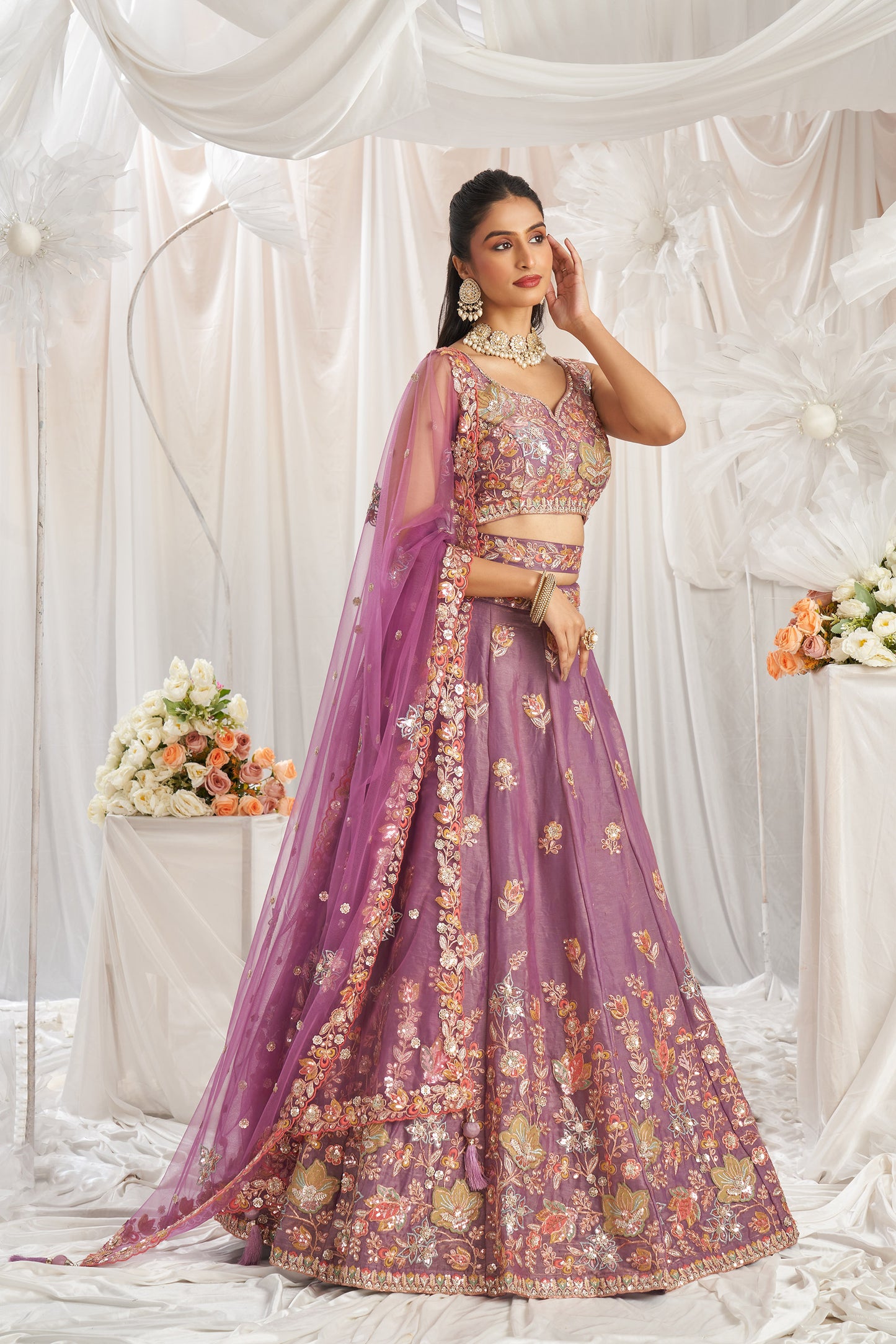 Lavender Organza Sequins embroidery Engagement Lehenga Choli