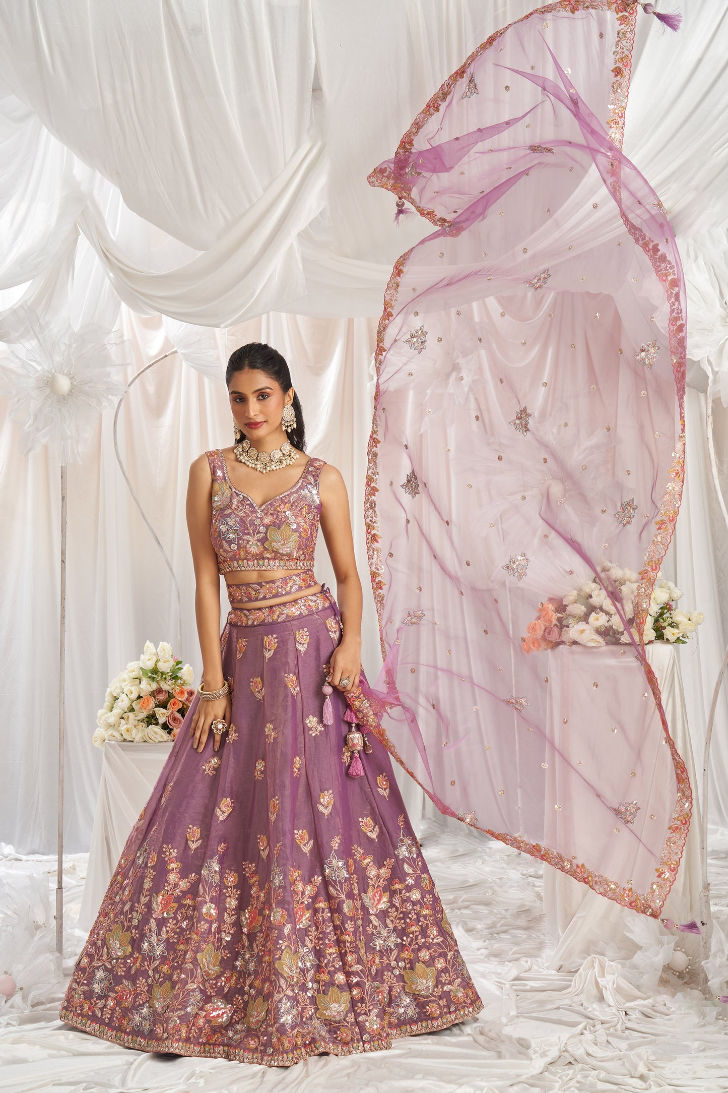 Lavender Organza Sequins embroidery Engagement Lehenga Choli