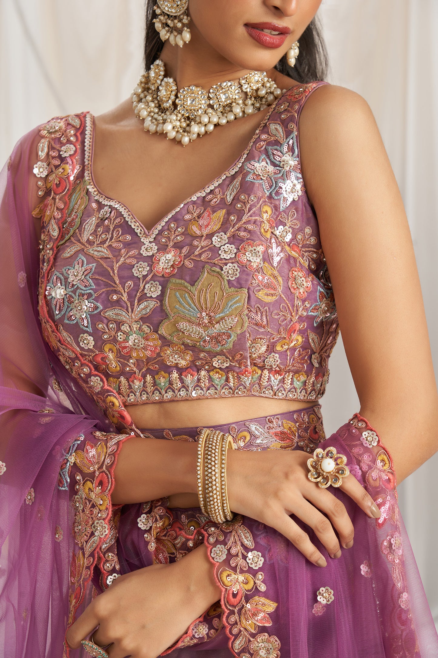 Lavender Organza Sequins embroidery Engagement Lehenga Choli