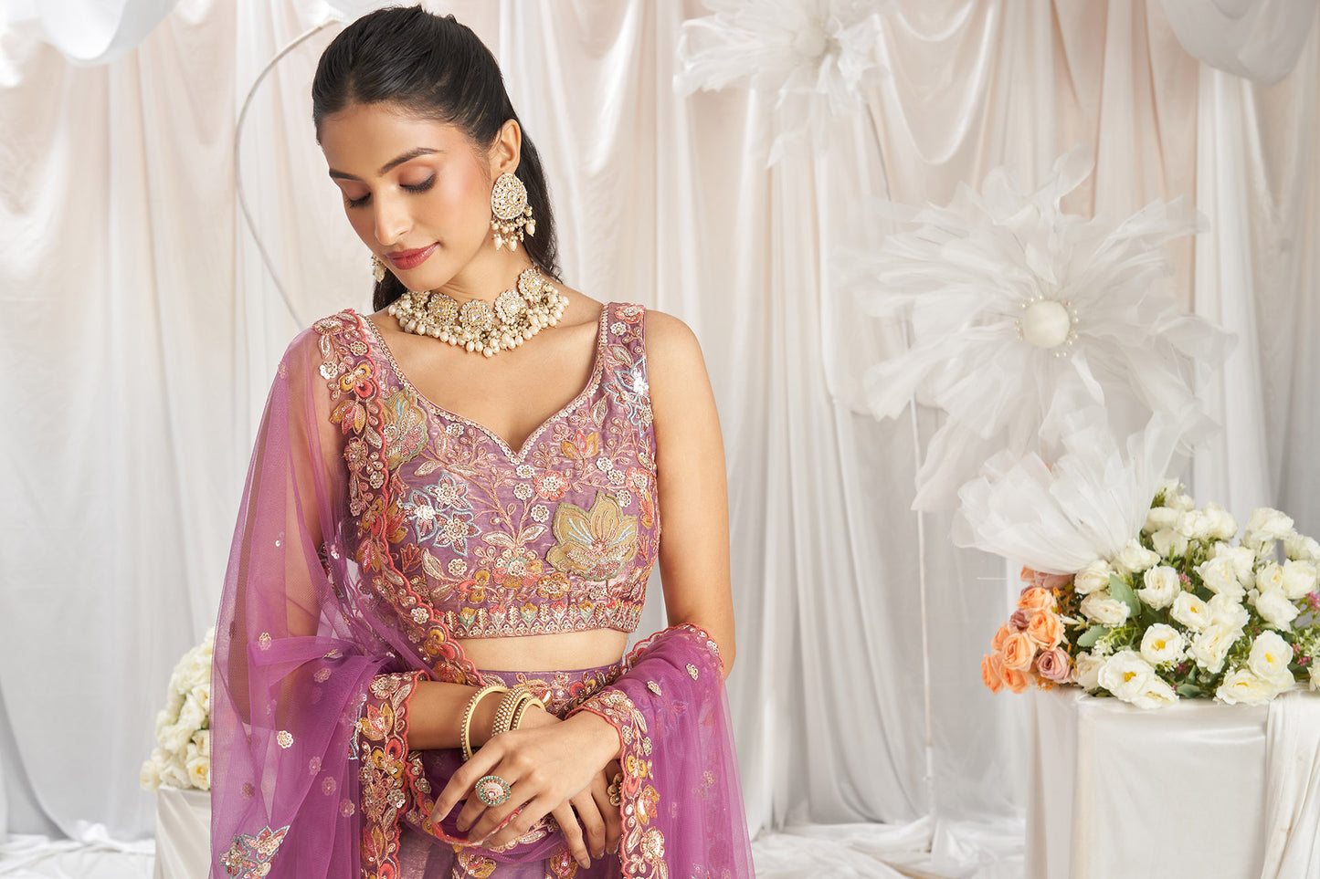 Lavender Organza Sequins embroidery Engagement Lehenga Choli