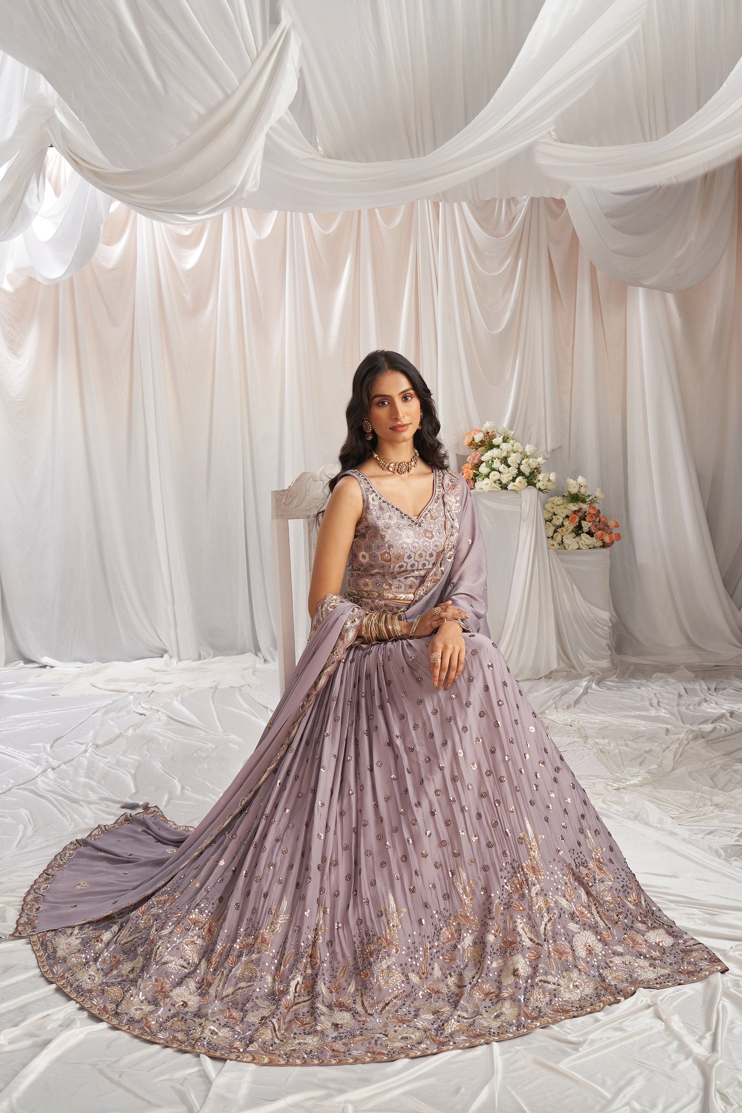 Mauve Georgette Sequin embroidery Engagement Lehenga Choli