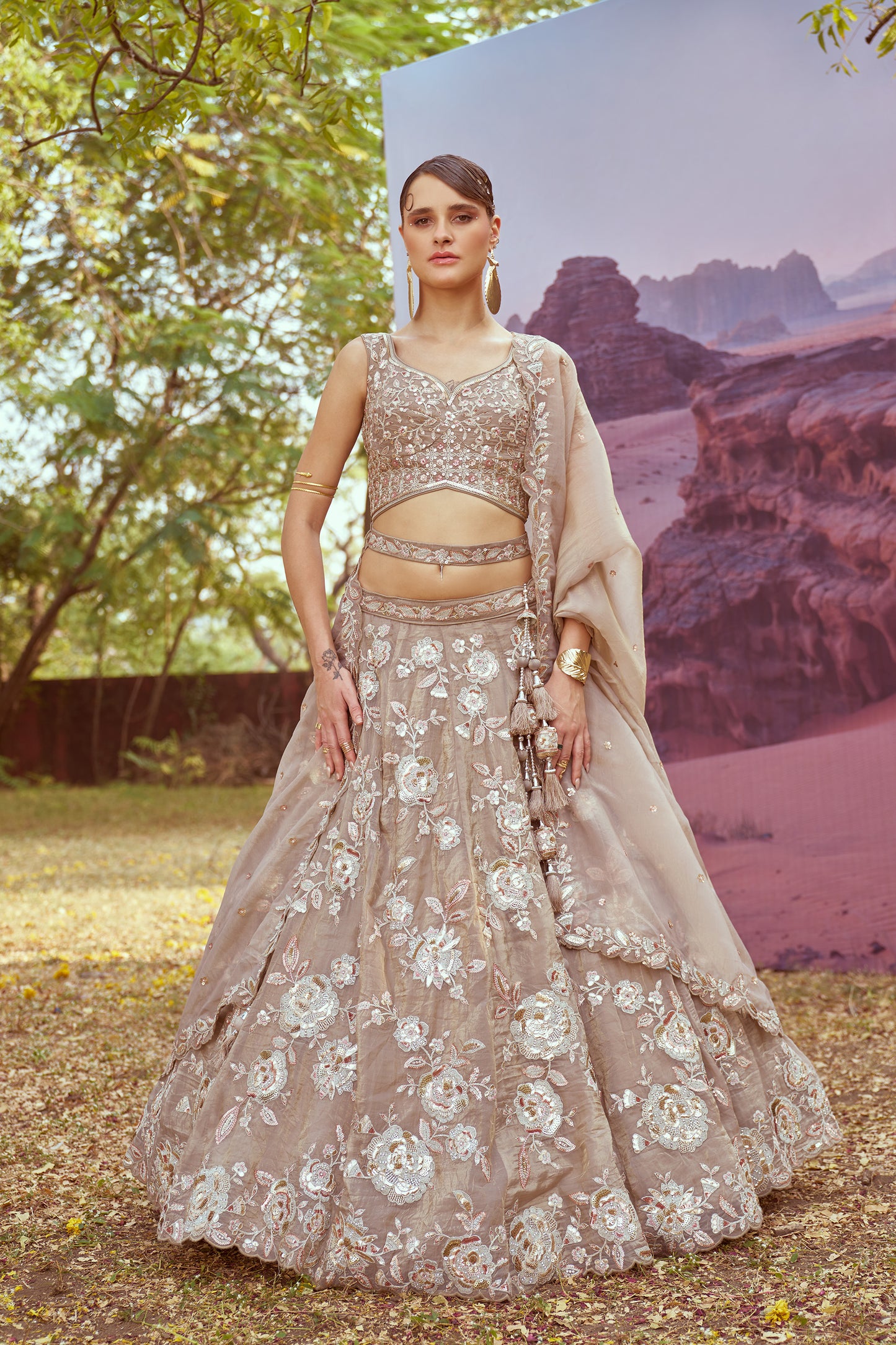 Beige Organza Sequins embroidery Bridal Lehenga