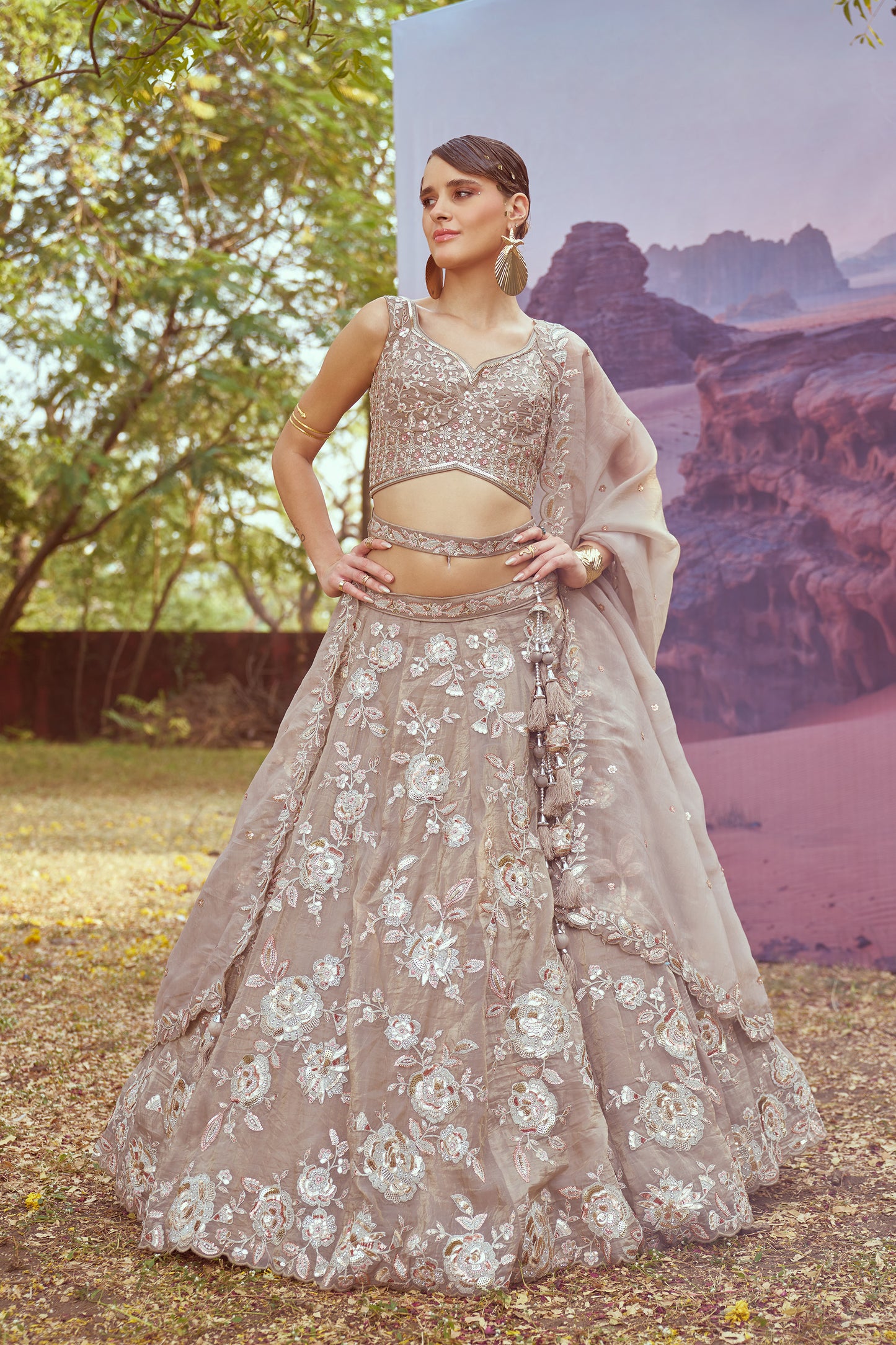 Beige Organza Sequins embroidery Bridal Lehenga