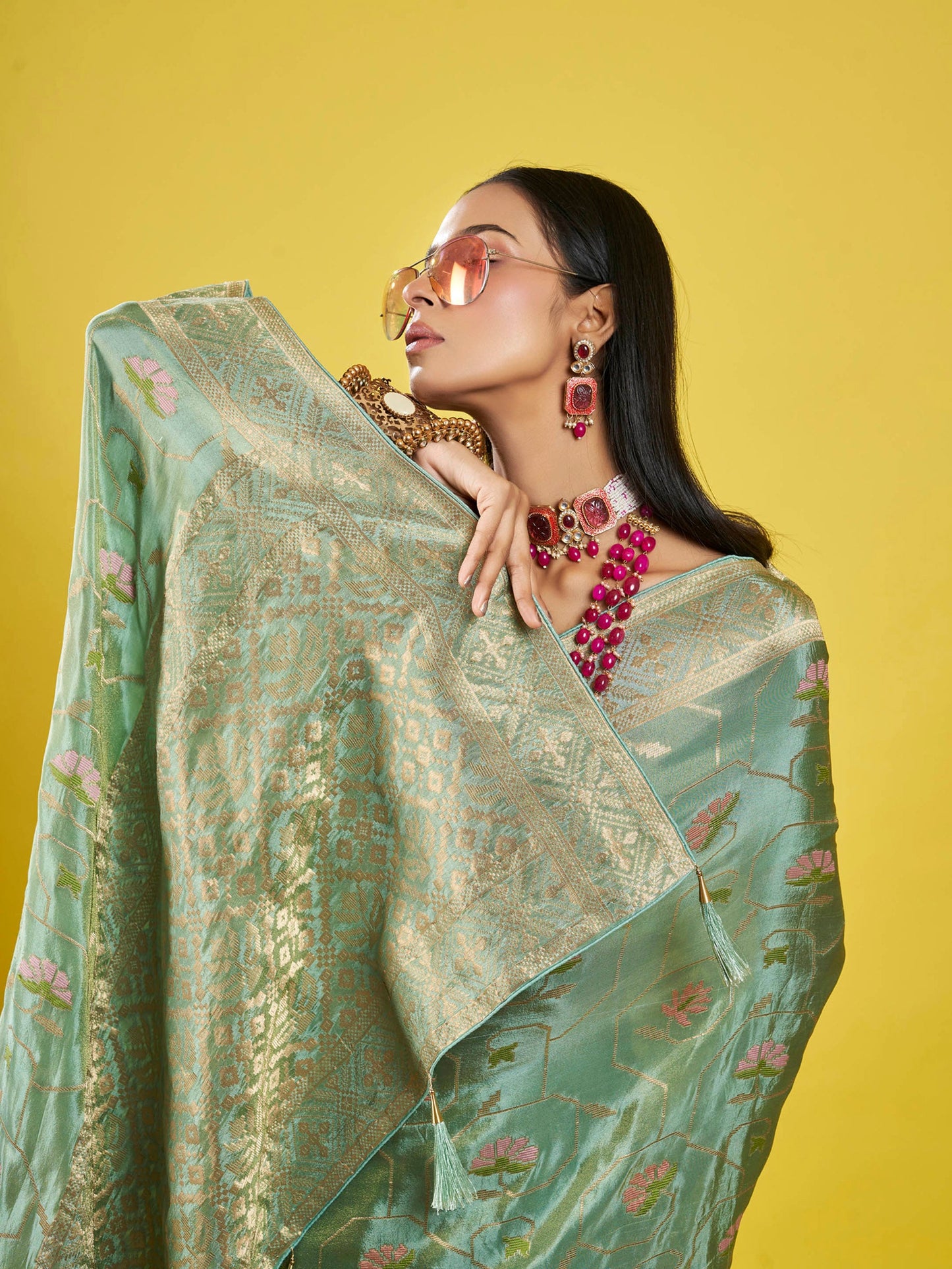 Green Gold Jaal Tissue Saree