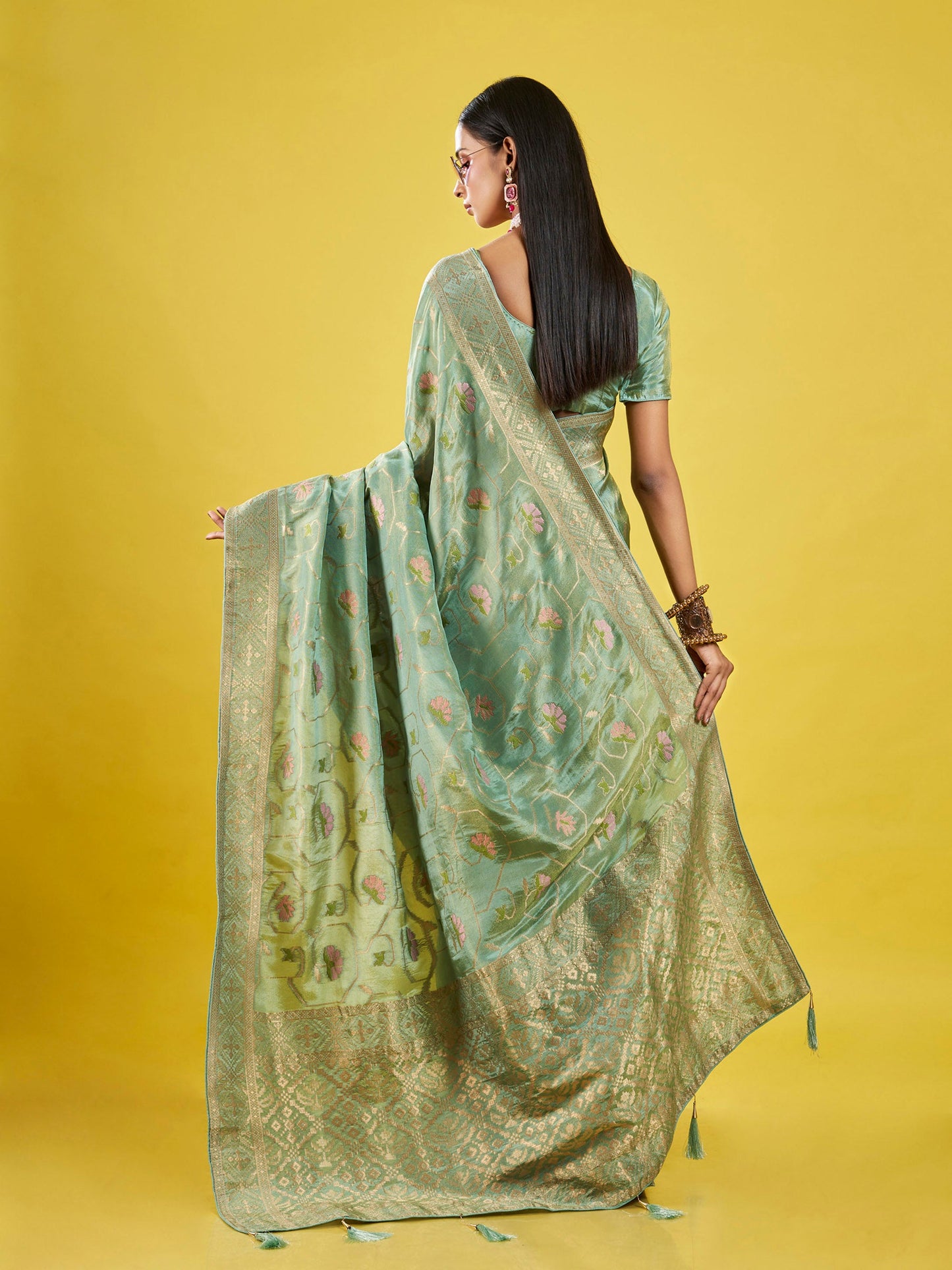 Green Gold Jaal Tissue Saree