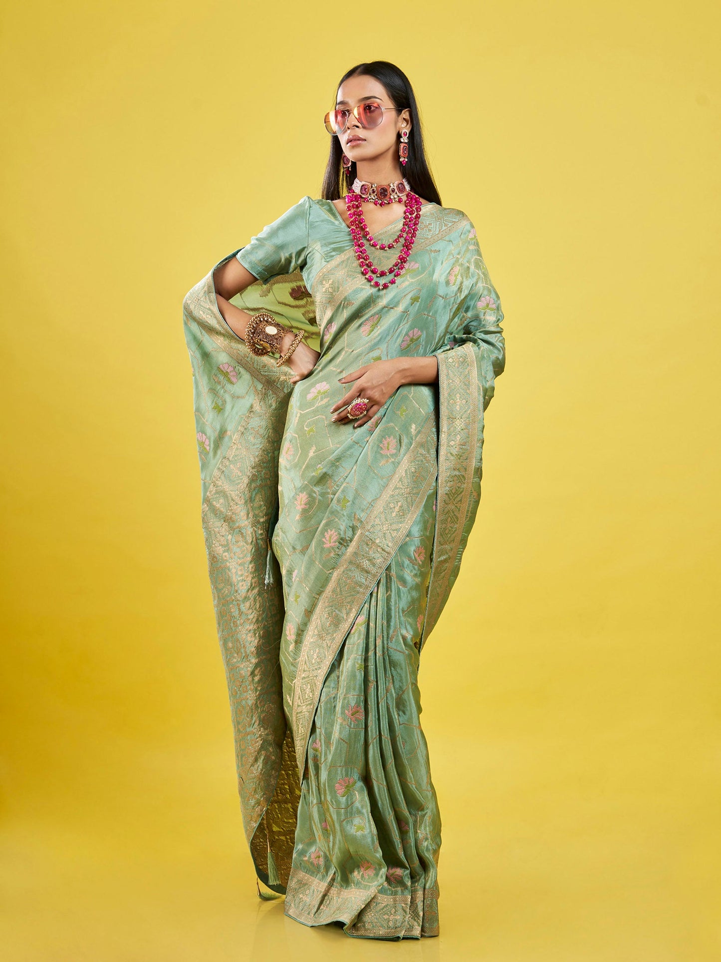 Green Gold Jaal Tissue Saree