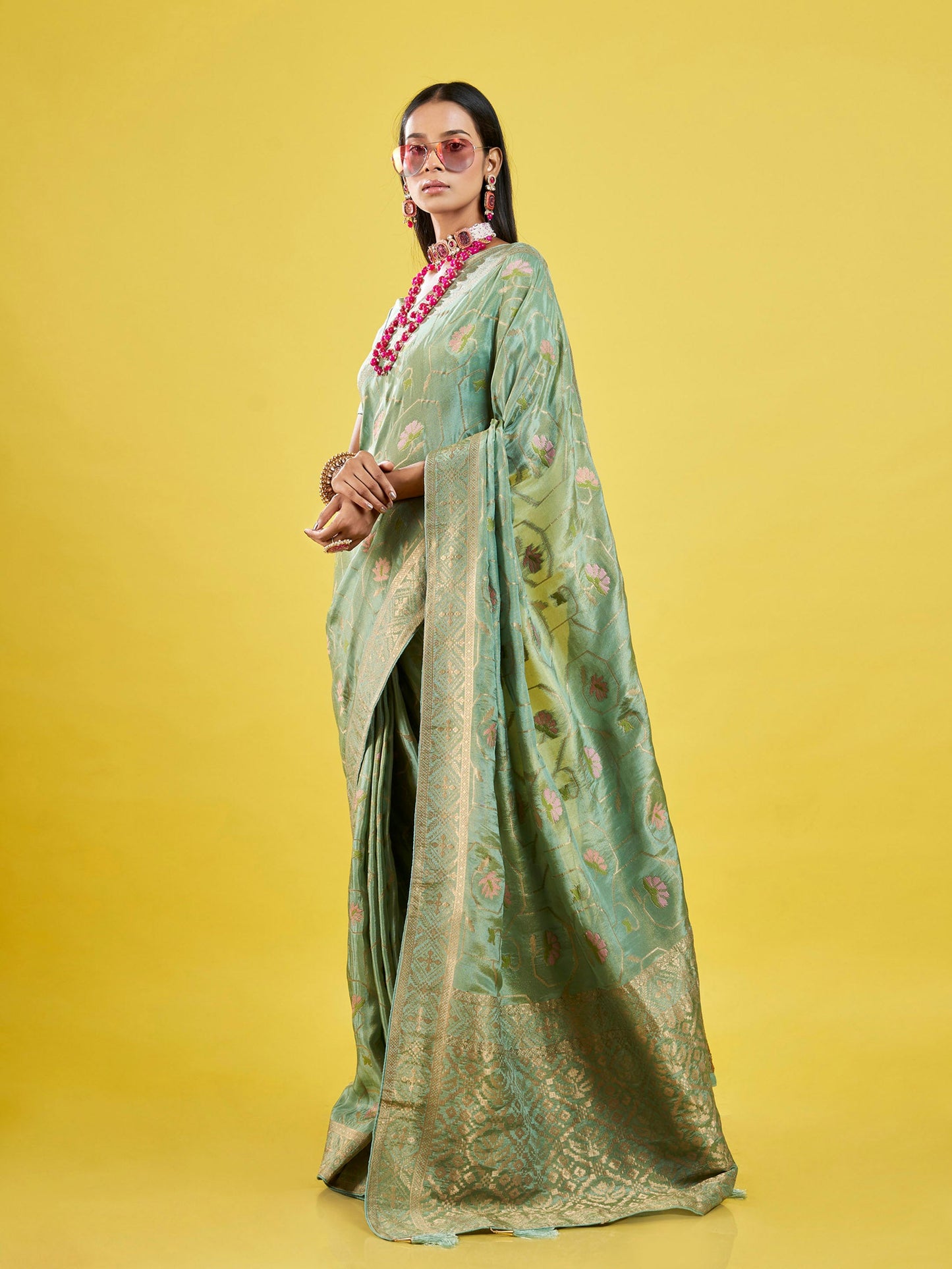 Green Gold Jaal Tissue Saree