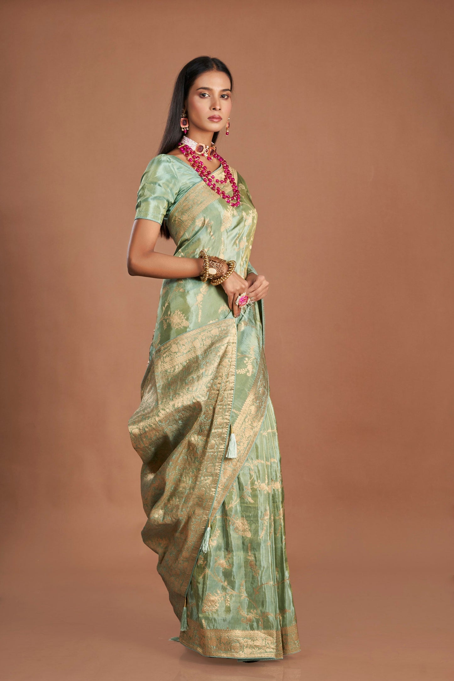 Women Green Viscose Tissue Zari Saree