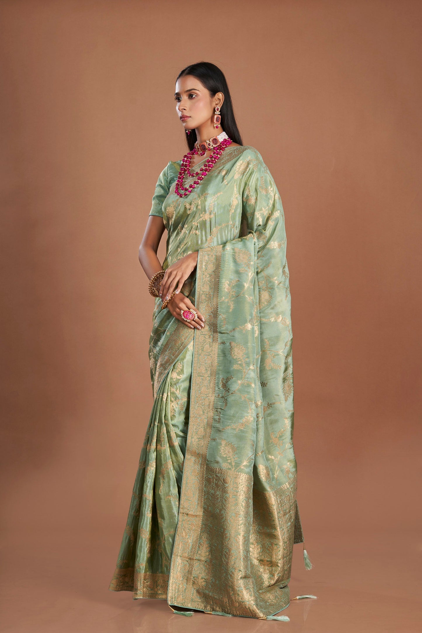 Women Green Viscose Tissue Zari Saree