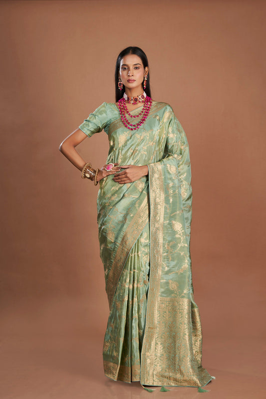 Women Green Viscose Tissue Zari Saree