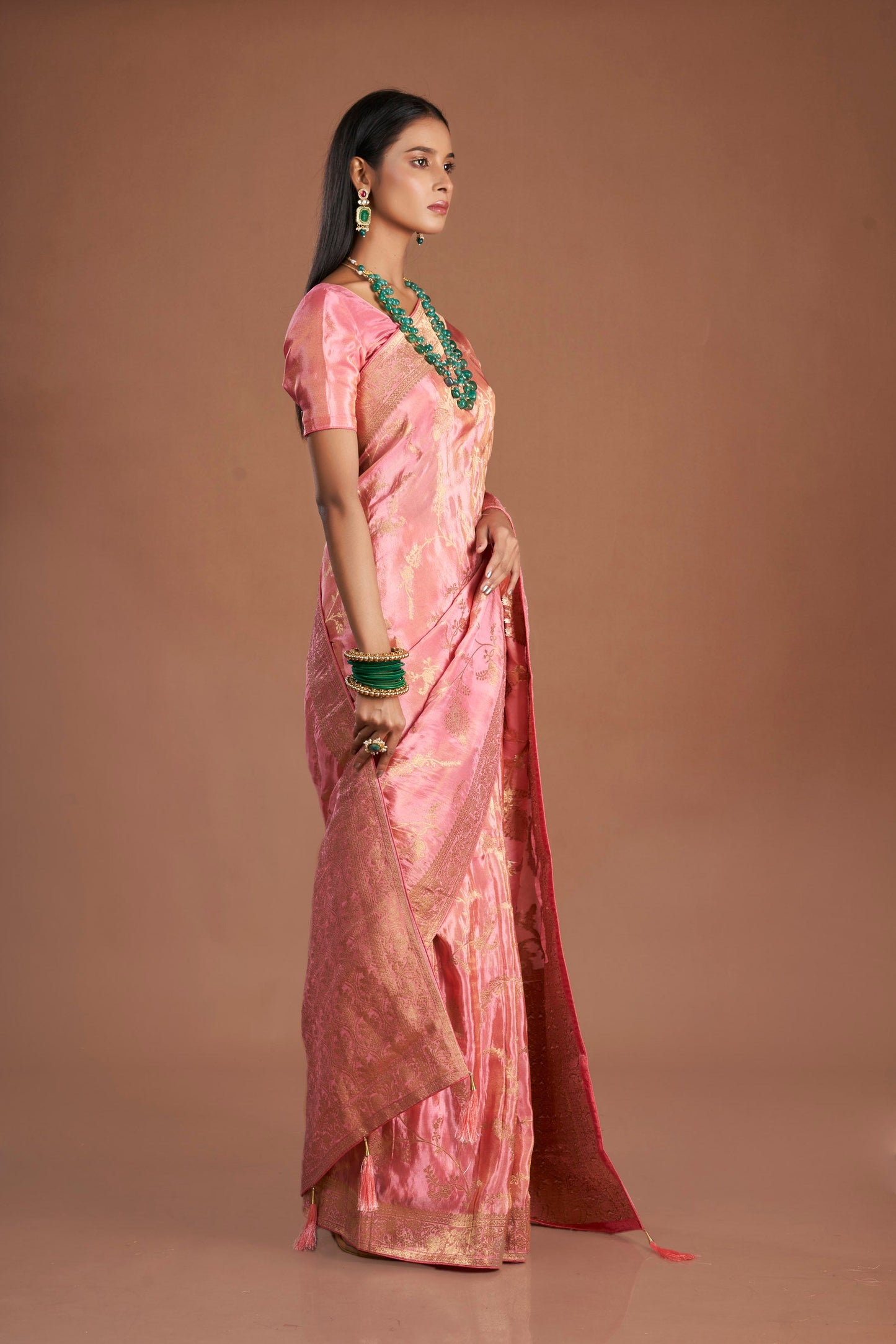 Women Pink Viscose Tissue Zari Saree