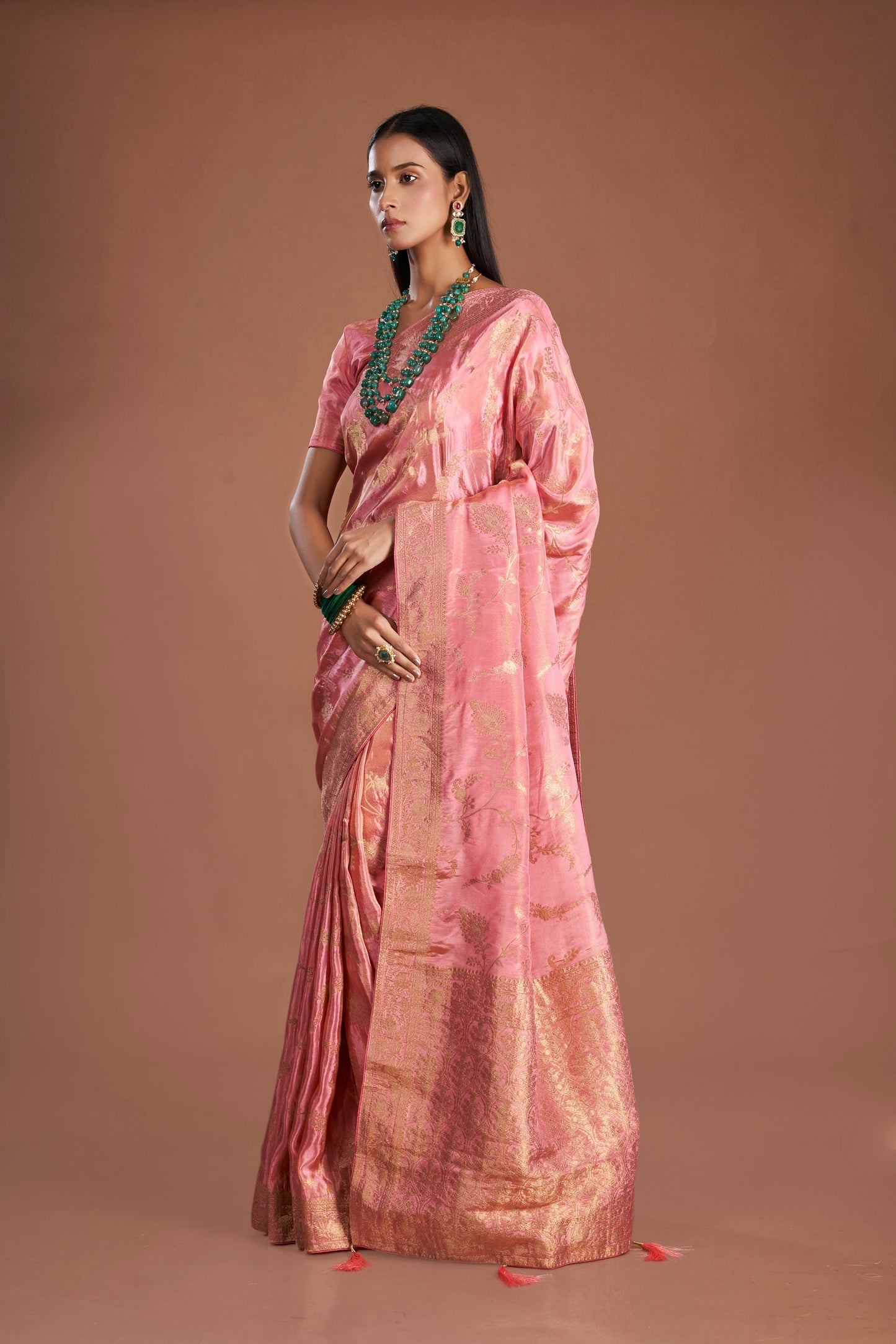 Women Pink Viscose Tissue Zari Saree